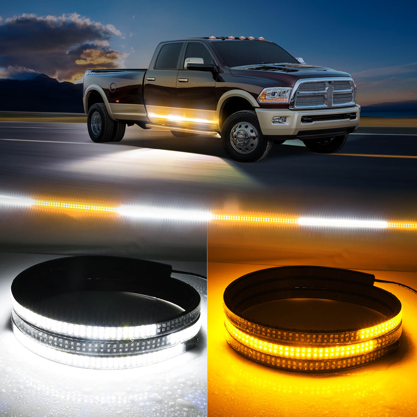 2PCS 70″ Running Board Lights Bar, 1152 LEDs Safety Warning Flashing Light Bar for Pickup Trucks Construction Vehicles, Amber White/Red White
