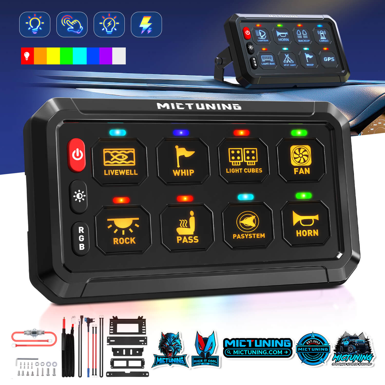 P1B RGB 5" 8/12 Gang Switch Panel, Color-Coded LED Indicator with Off Backlight