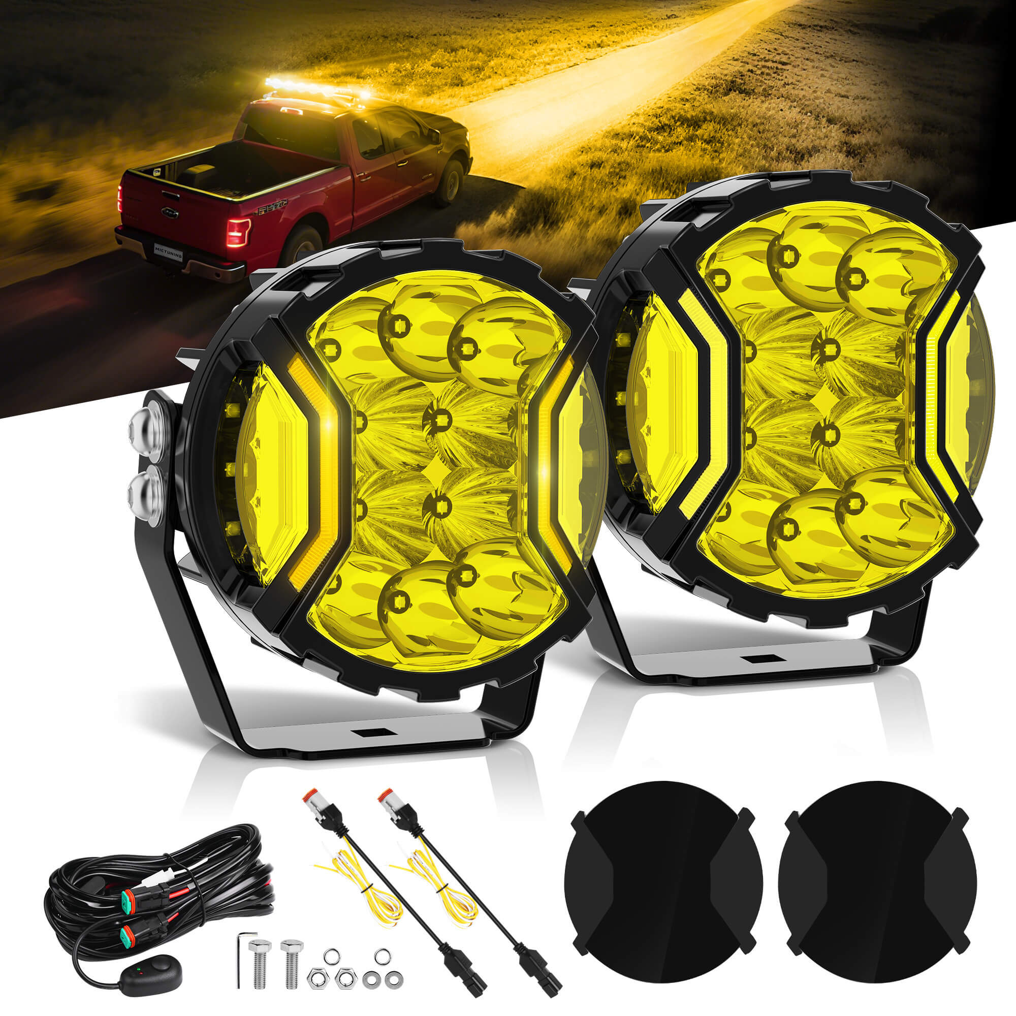 5 Inch 180W LED Yellow Light Pods - Yellow DRL & Amber Turn Signal, Offroad Driving Side Shooter, Fog Spot Flood Auxiliary Ditch Lamps w/ Covers, Pair