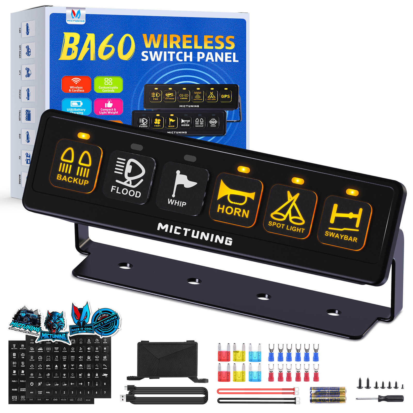 BA40/BA60 Wireless Switch Panel 4 Gang/6 Gang, Up to 164FT Range, 12V 60A Auxiliary Car Switch Panel