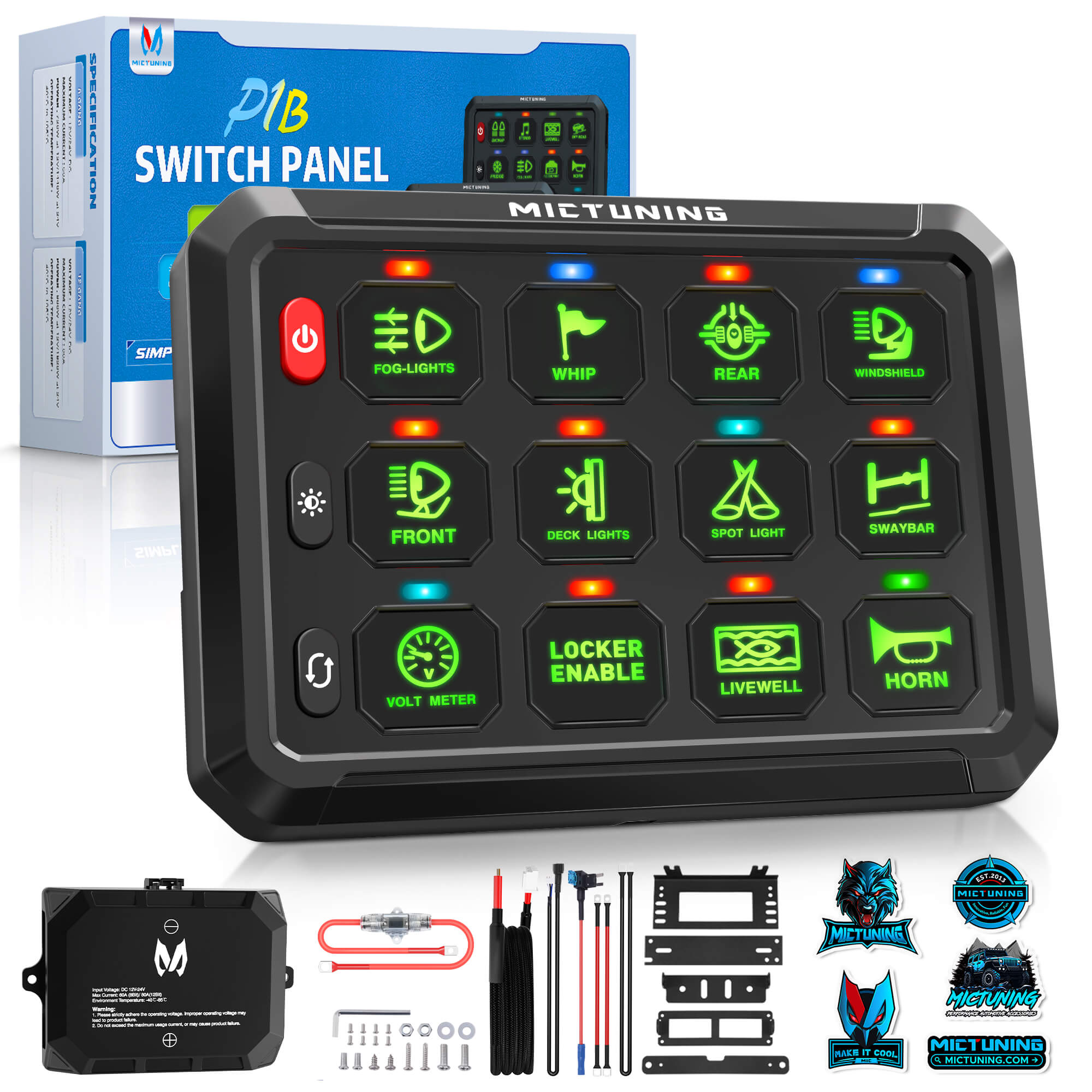 P1B Blue/Green 5" 8/12 Gang Switch Panel, Color-Coded LED Indicator with Off Backlight