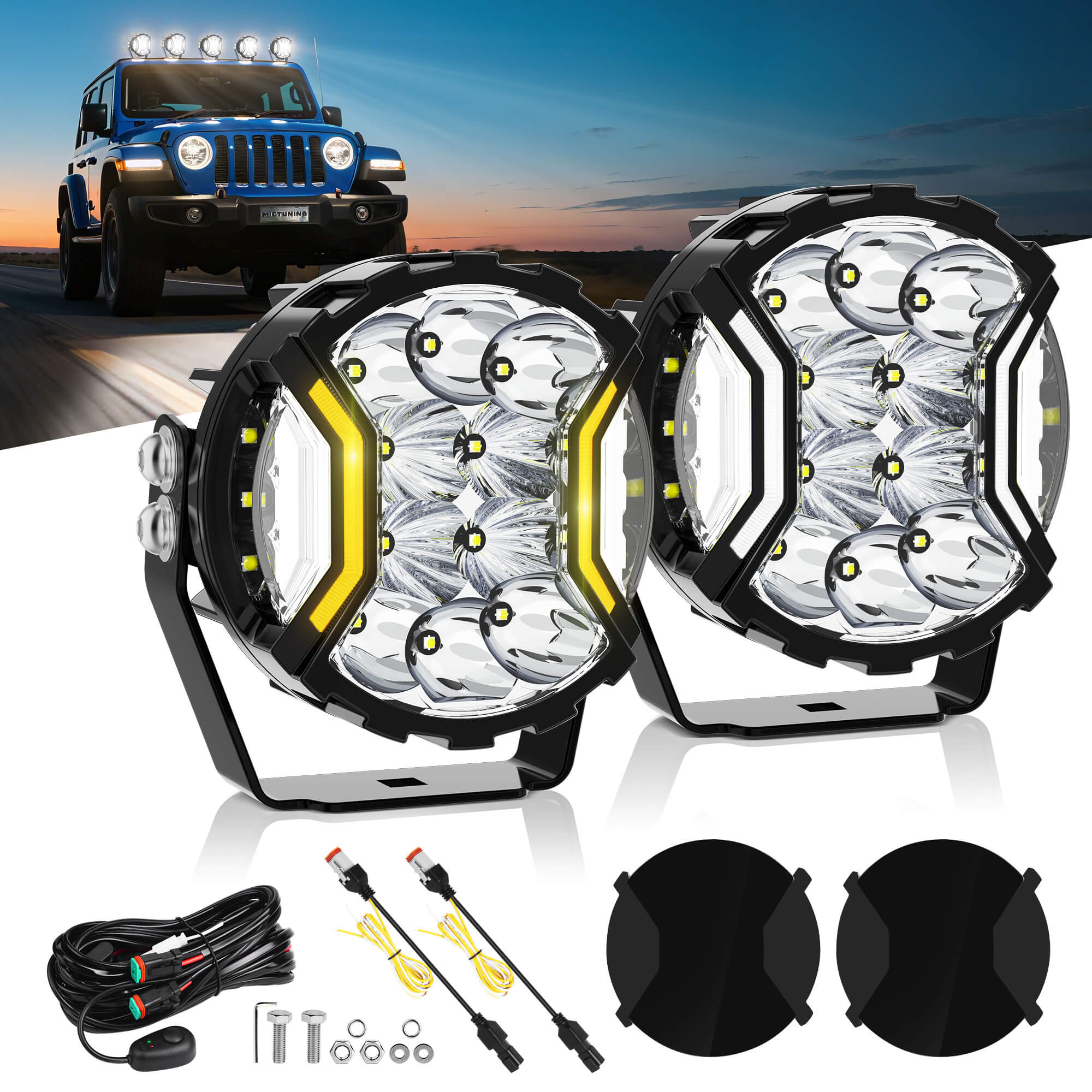 5 Inch 180W LED White Light Pods - White DRL & Amber Turn Signal, Offroad Driving Side Shooter, Fog Spot Flood Auxiliary Ditch Lamps w/ Covers, Pair