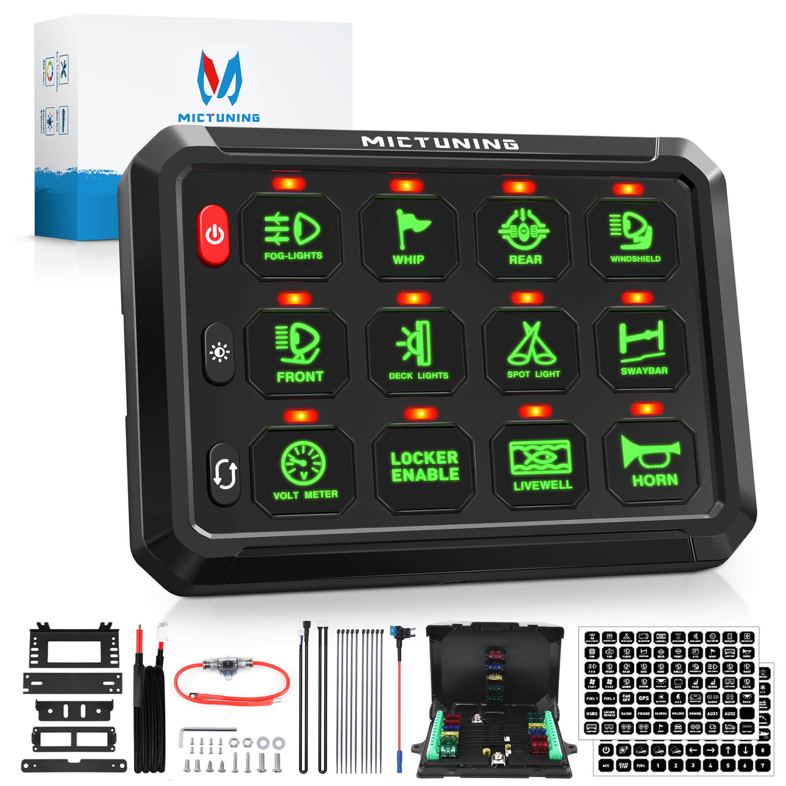 Upgraded P1s-X Blue/Green 5" 8/12 Gang Switch Panel Circuit Control Relay Box, Toggle On-Off Strobe Flash Momentary