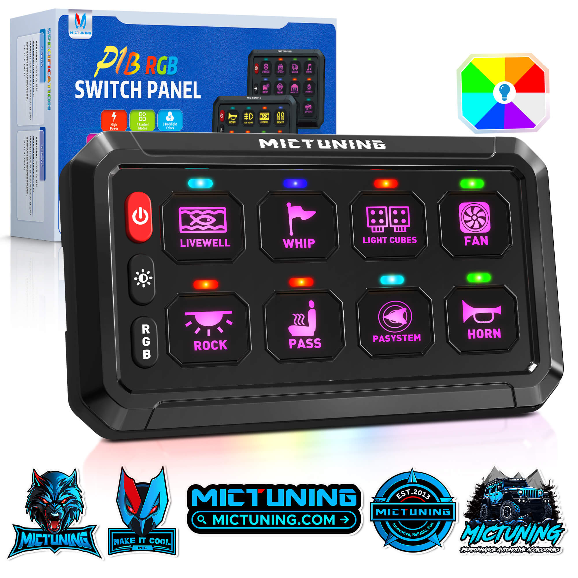 P1B RGB 5" 8/12 Gang Switch Panel, Color-Coded LED Indicator with Off Backlight