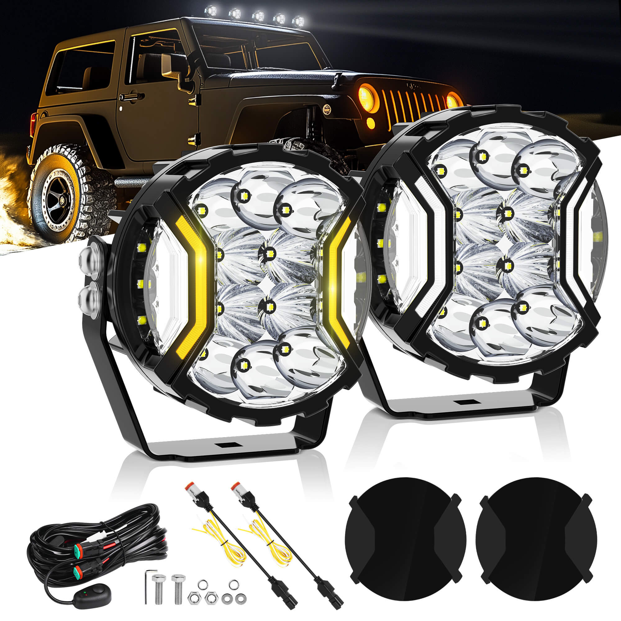 5 Inch 180W LED Light Pods White/Yellow -  270° Side Shooter with DRL & Turn Signal, Fog Spot Flood Auxiliary Ditch Lamps w/ Covers, Pair