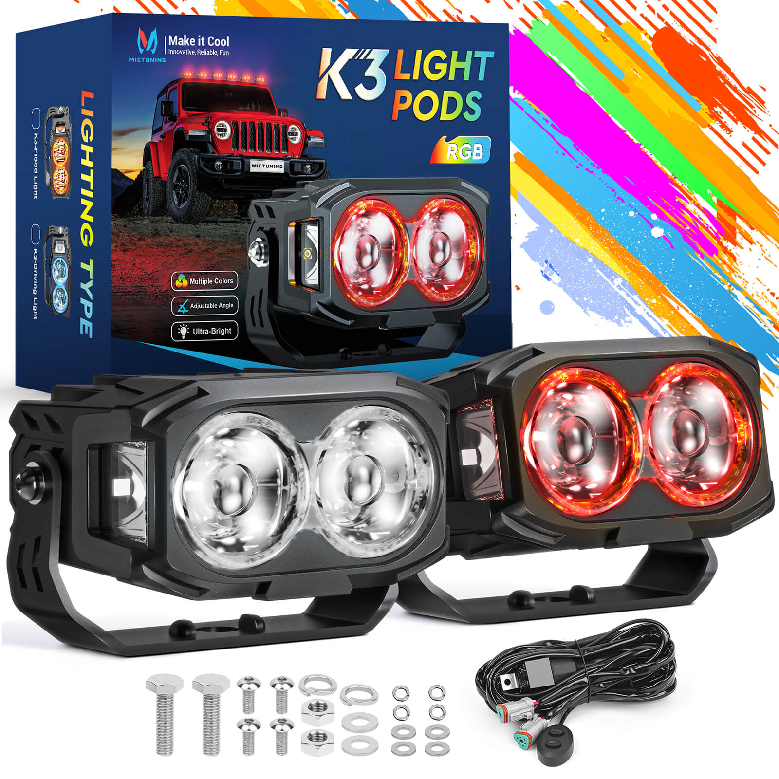 K3 4" LED Pod Lights Spot Beam, 56W RGB with White Offroad Driving Lights (7 Colors) 270° Wide Spotlight, with Wiring Harness Switch, Pair