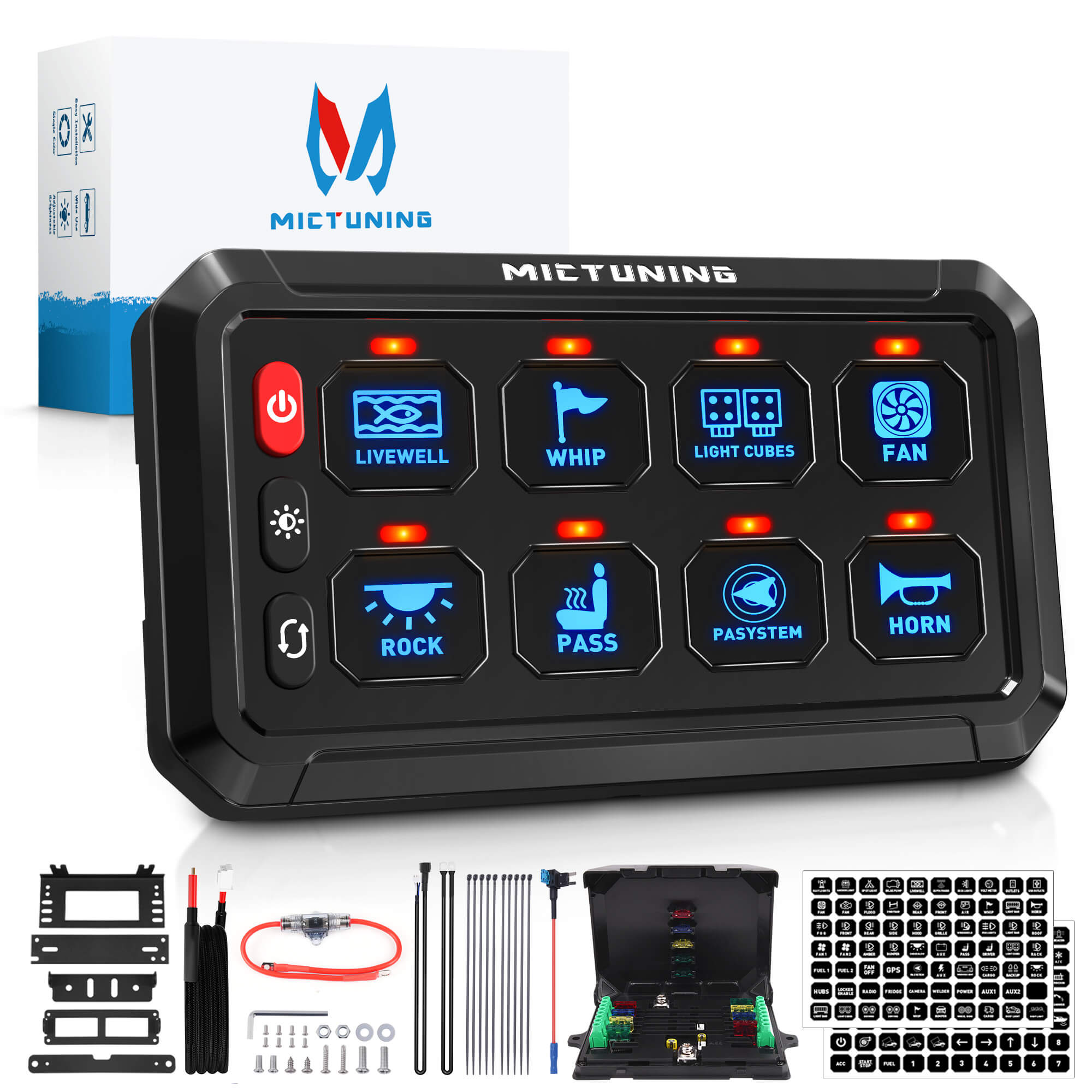 Upgraded P1s-X Blue/Green 5" 8/12 Gang Switch Panel Circuit Control Relay Box, Toggle On-Off Strobe Flash Momentary