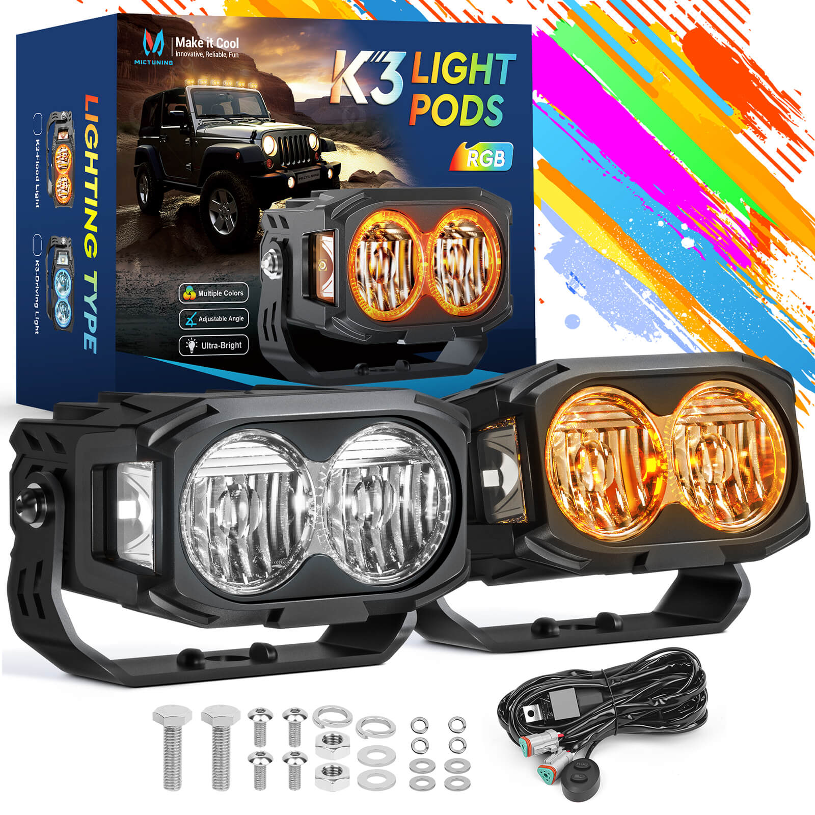 K3 4" LED Pod Lights Flood Beam, 56W RGB with White Offroad Driving Lights (7 Colors) 270° Wide Flood, with Wiring Harness Switch, Pair