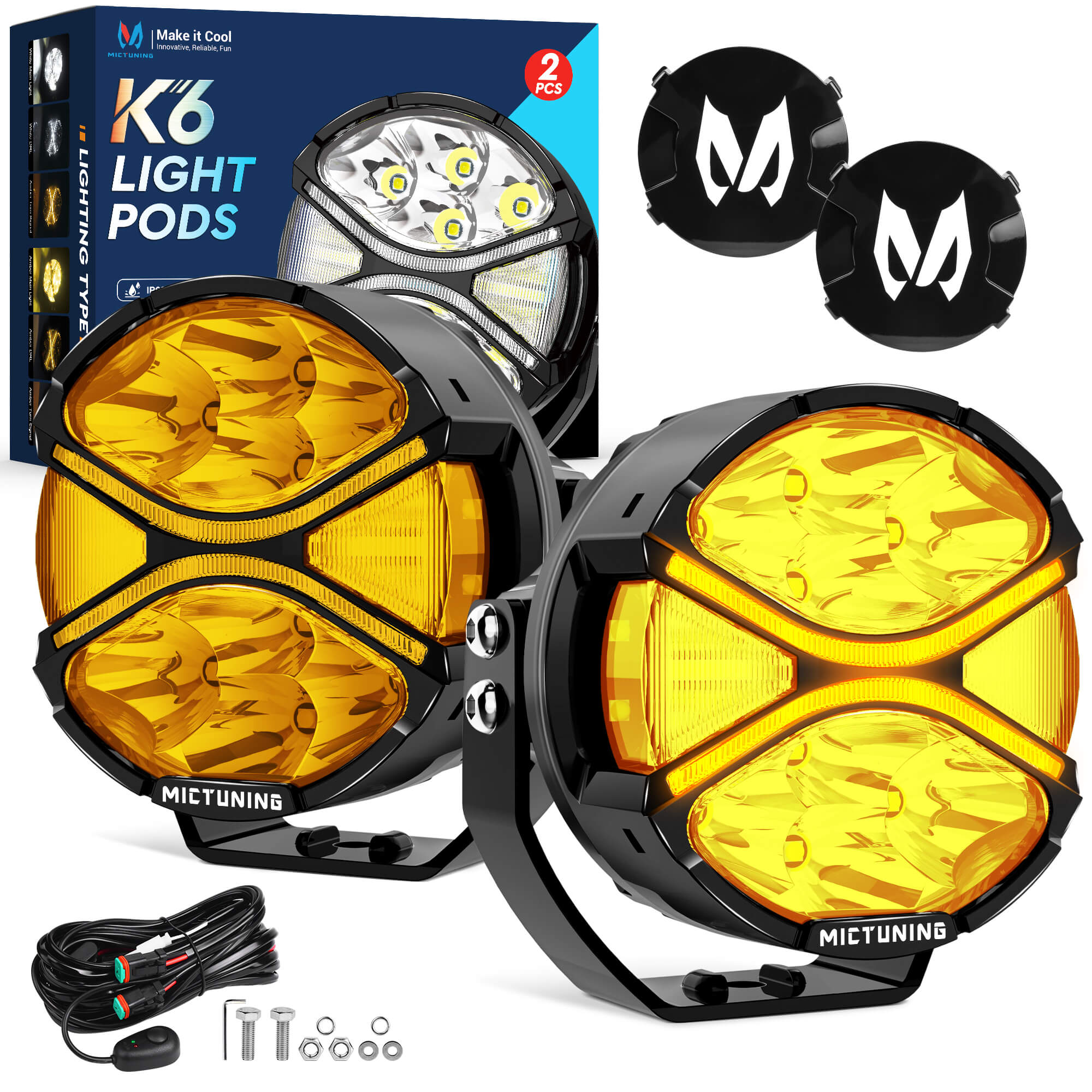 K6 4 Inch 160W LED Amber Light Pods - Amber DRL Turn Signal, 270° Side Shooter Offroad Driving Ditch Lights w/ Covers, 2PC