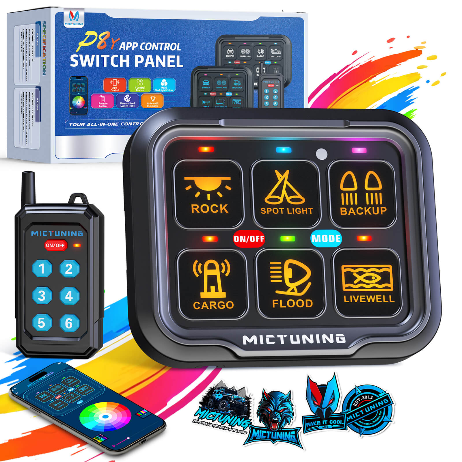 P8Y Ultra RGB Switch Panel with App & 230FT Remote Control, 6/8 Gang , IP67 Waterproof, Auto-Dimming