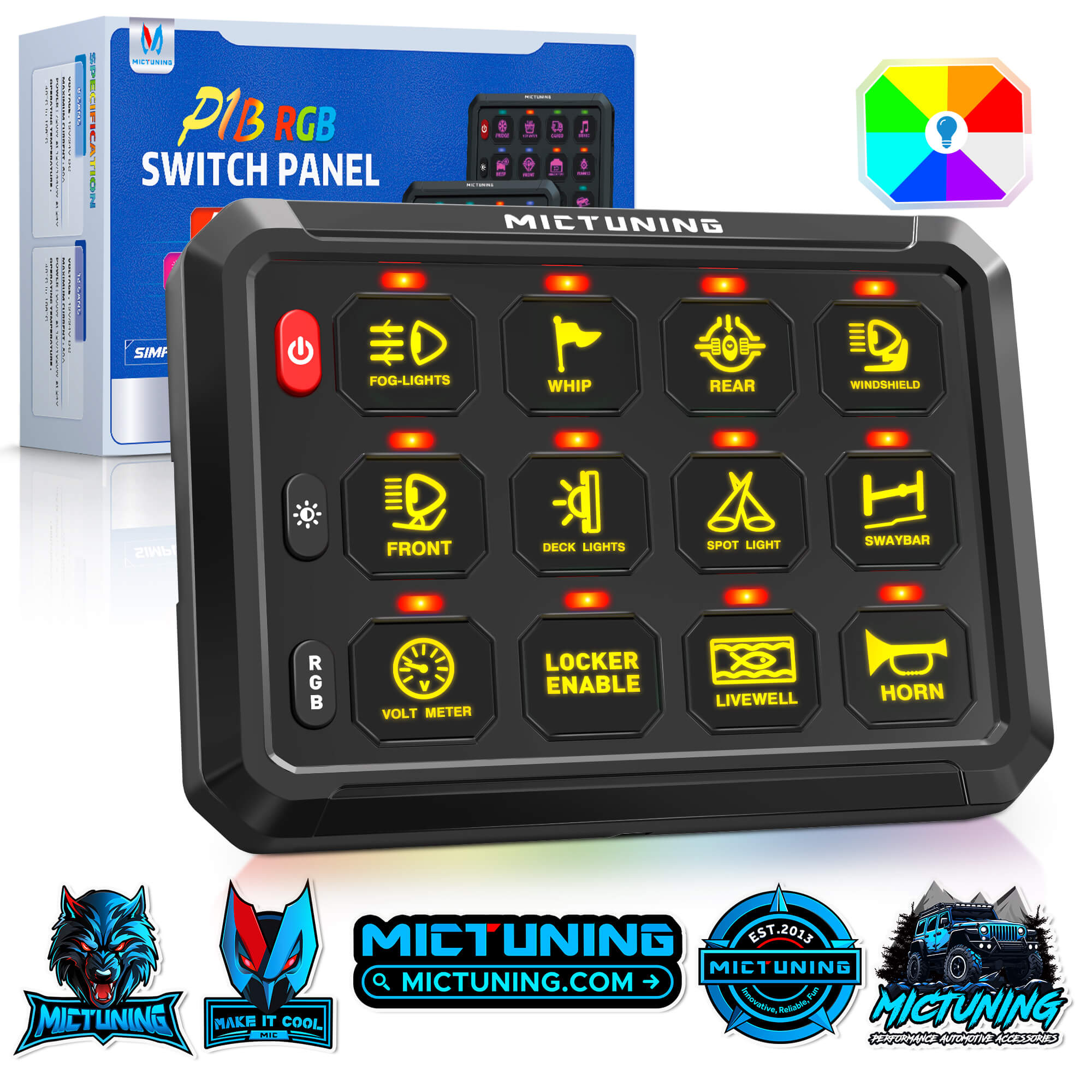 P1B RGB 5" 8/12 Gang Switch Panel, Color-Coded LED Indicator with Off Backlight