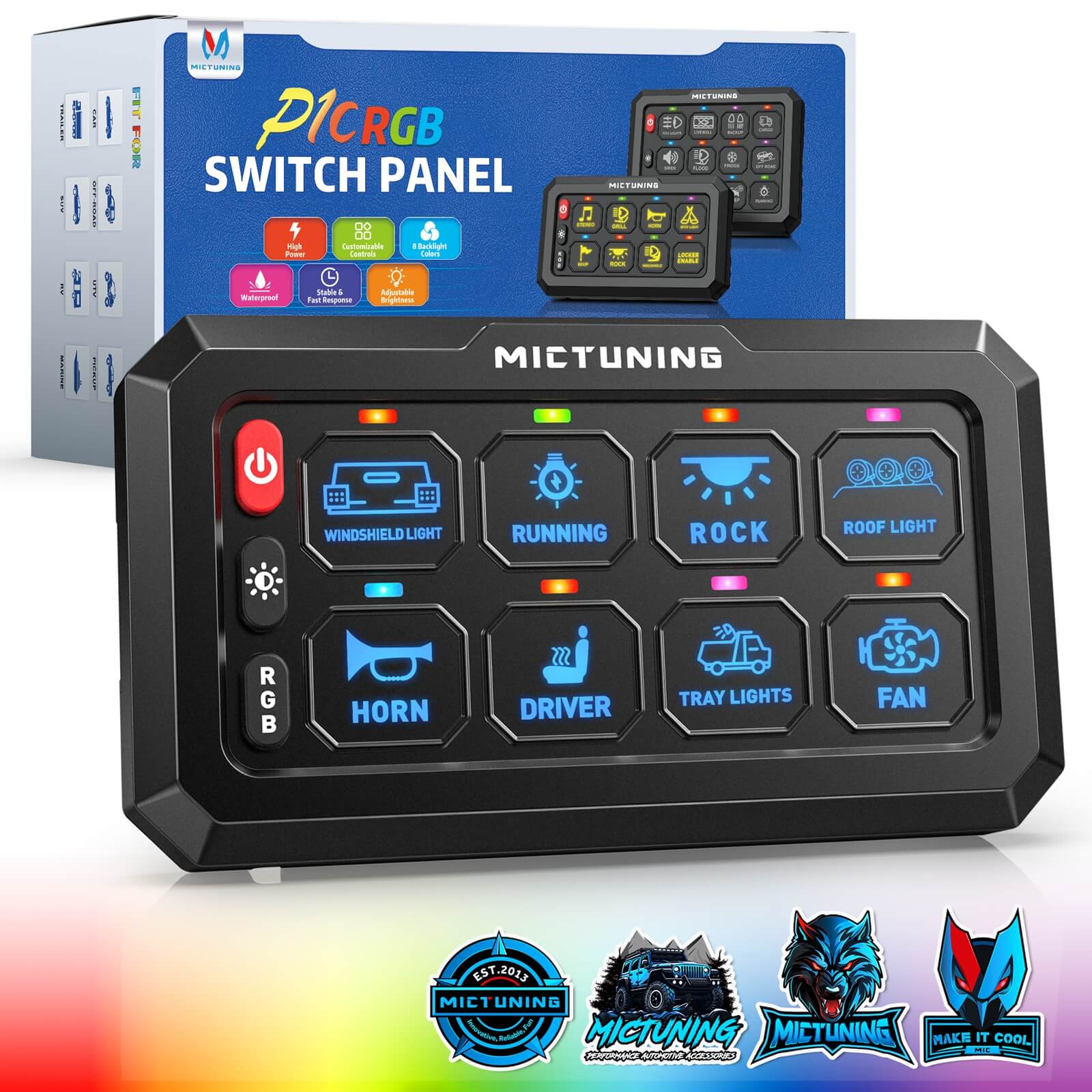 MICTUNING NEW P1C RGB Switch Panel 8/12 Gang, IP67 Waterproof 4 Control Modes LED Control Panel Box Electronic Relay System Switch Box Universal