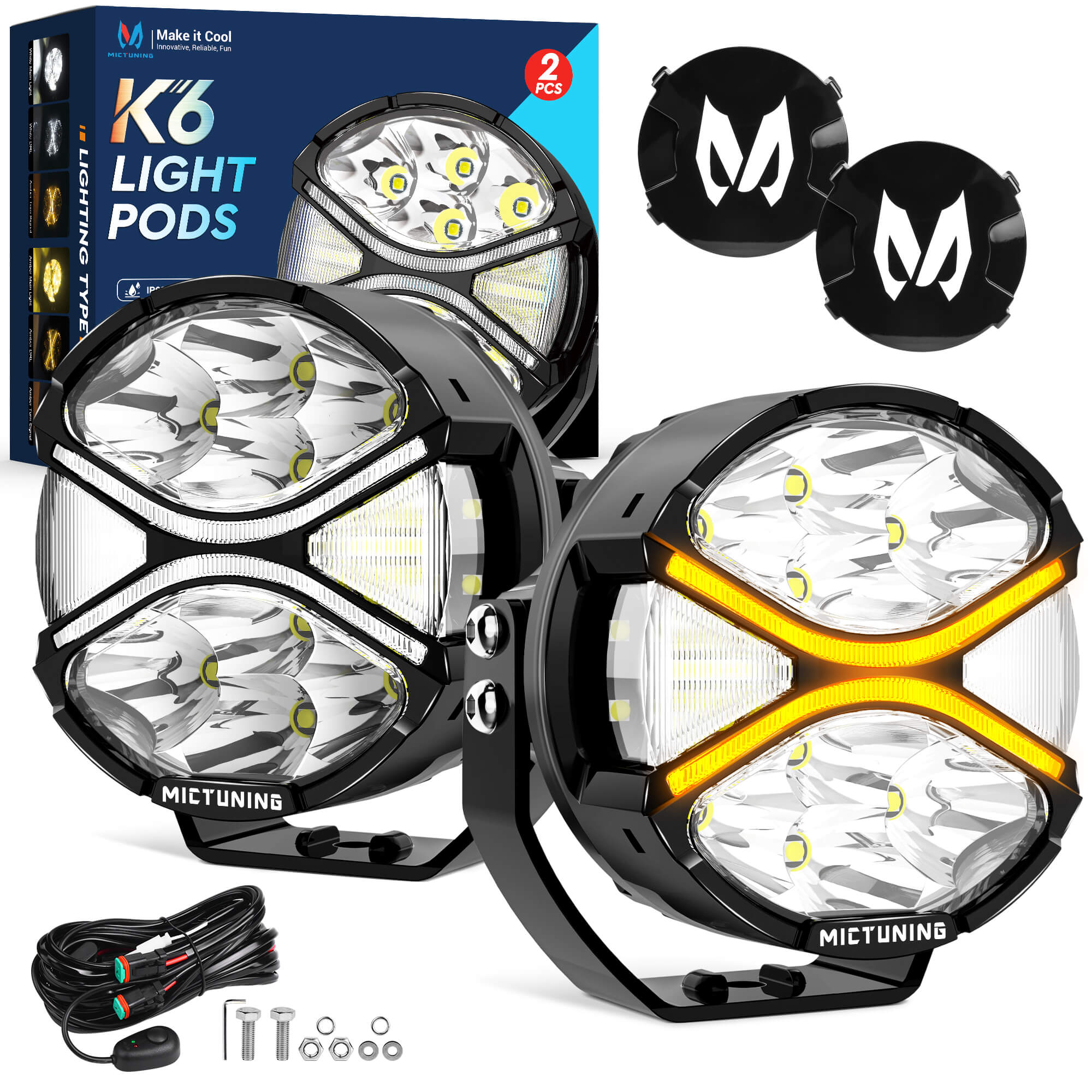 K6 4 Inch 160W LED Light Pods White/Amber - 270° Side Shooter with DRL & Turn Signal, Offroad Driving Ditch Lights w/ Covers, 2PC
