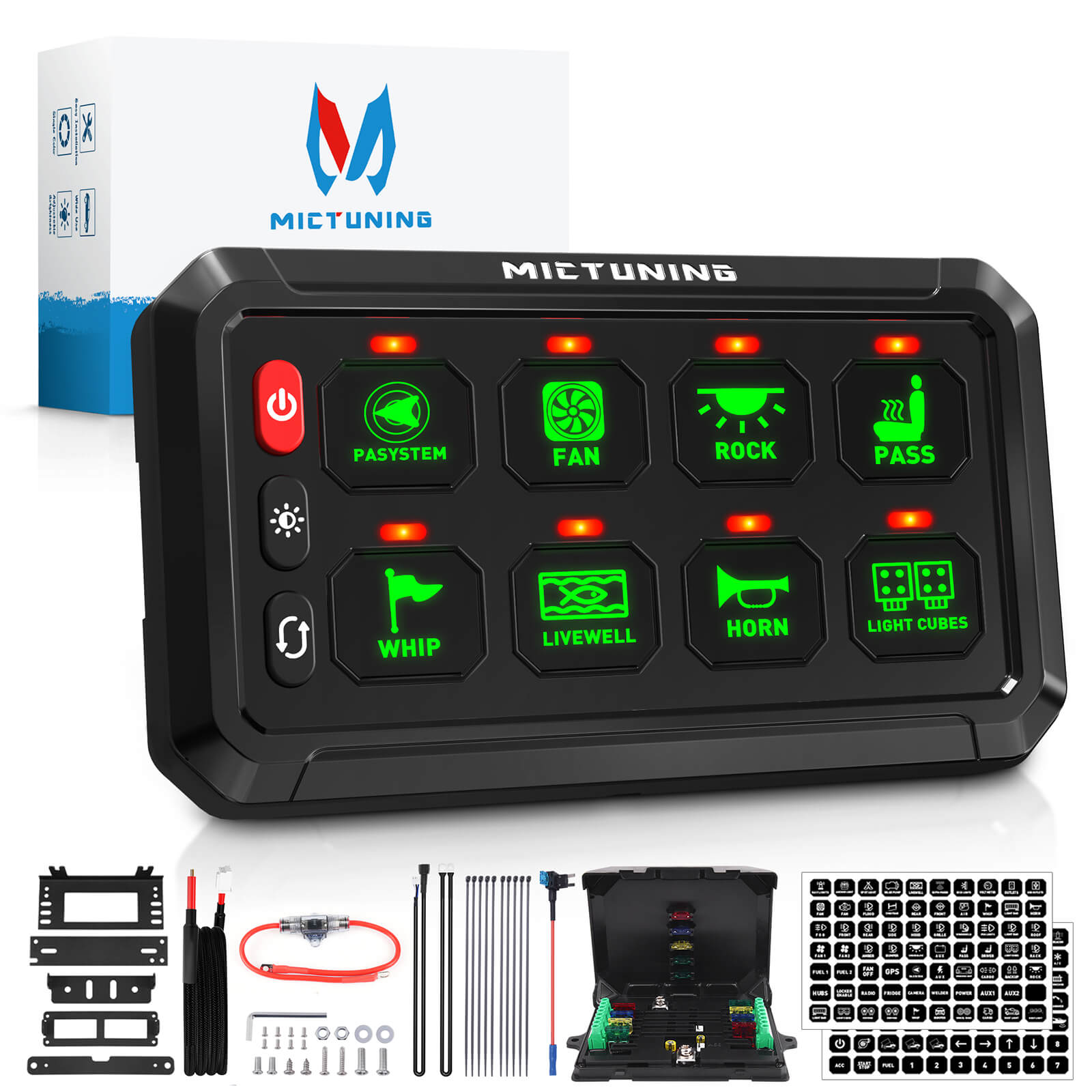 Upgraded P1s-X Blue/Green 5" 8/12 Gang Switch Panel Circuit Control Relay Box, Toggle On-Off Strobe Flash Momentary