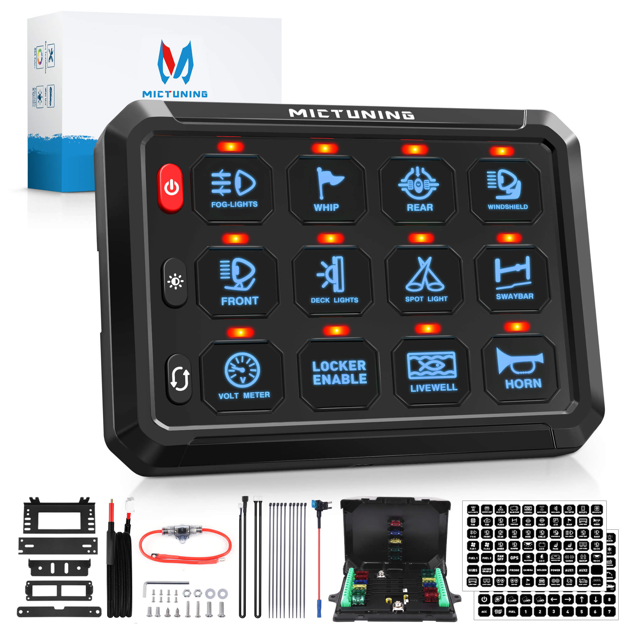 Upgraded P1s-X Blue/Green 5" 8/12 Gang Switch Panel Circuit Control Relay Box, Toggle On-Off Strobe Flash Momentary
