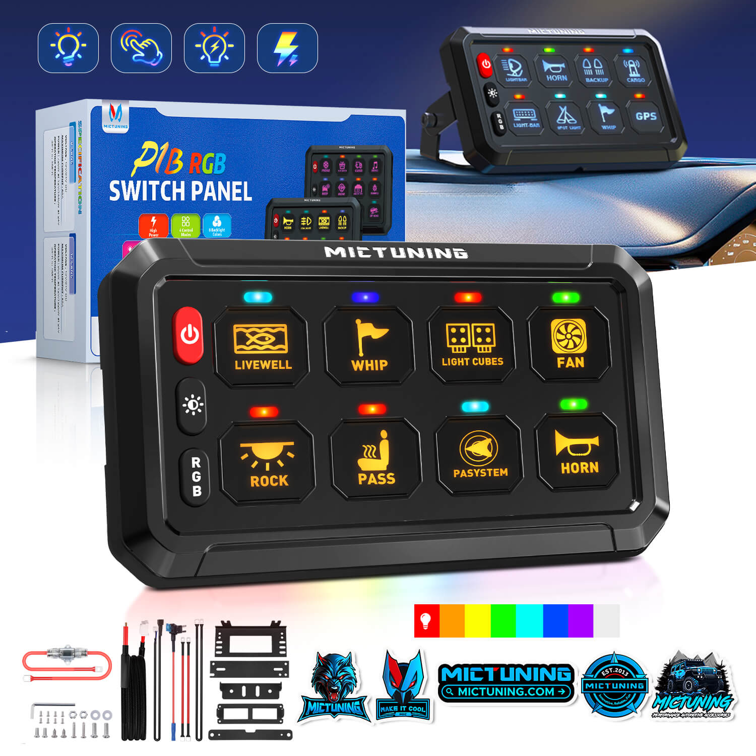 P1B RGB 5" 8/12 Gang Switch Panel, Color-Coded LED Indicator with Off Backlight