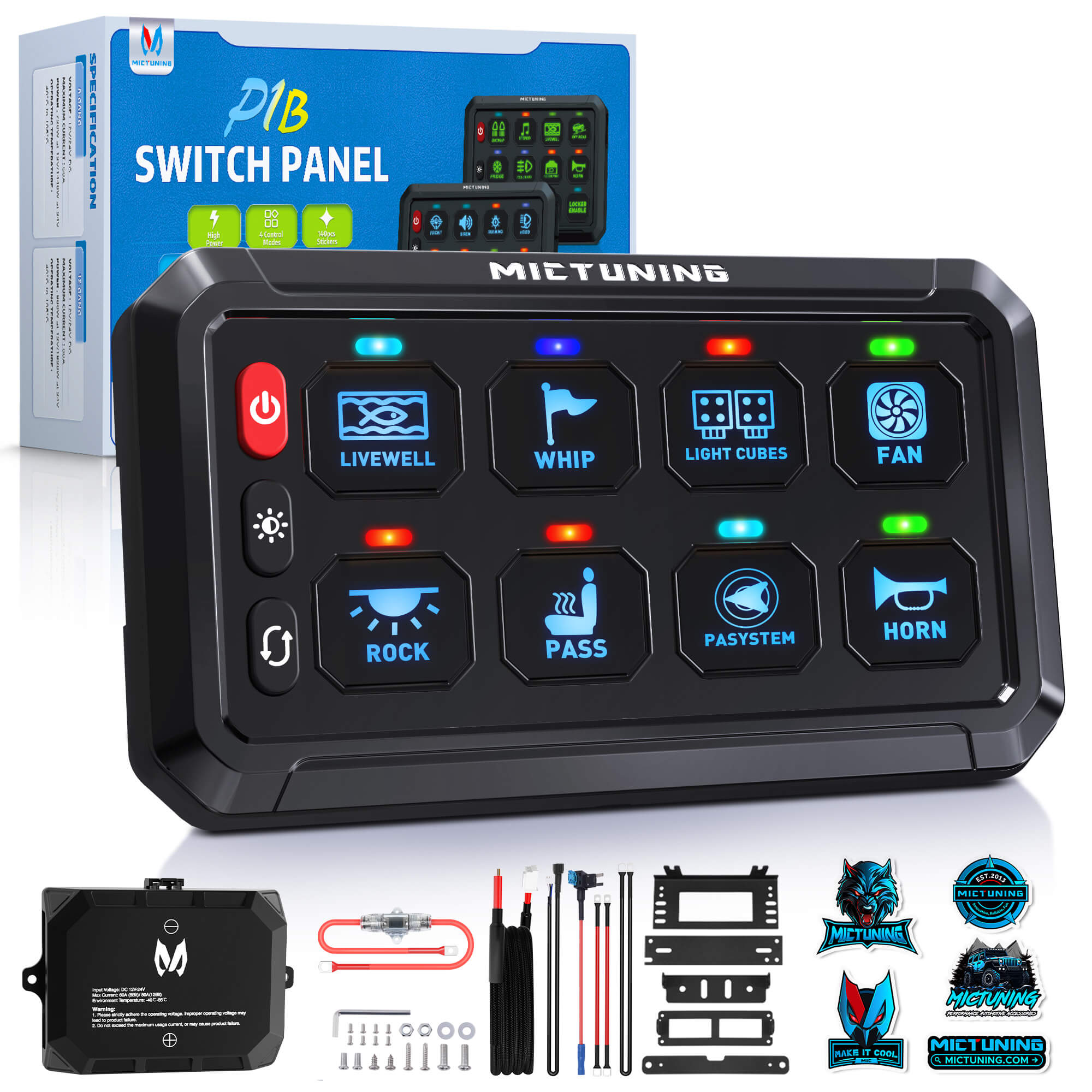 P1B Blue/Green 5" 8/12 Gang Switch Panel, Color-Coded LED Indicator with Off Backlight