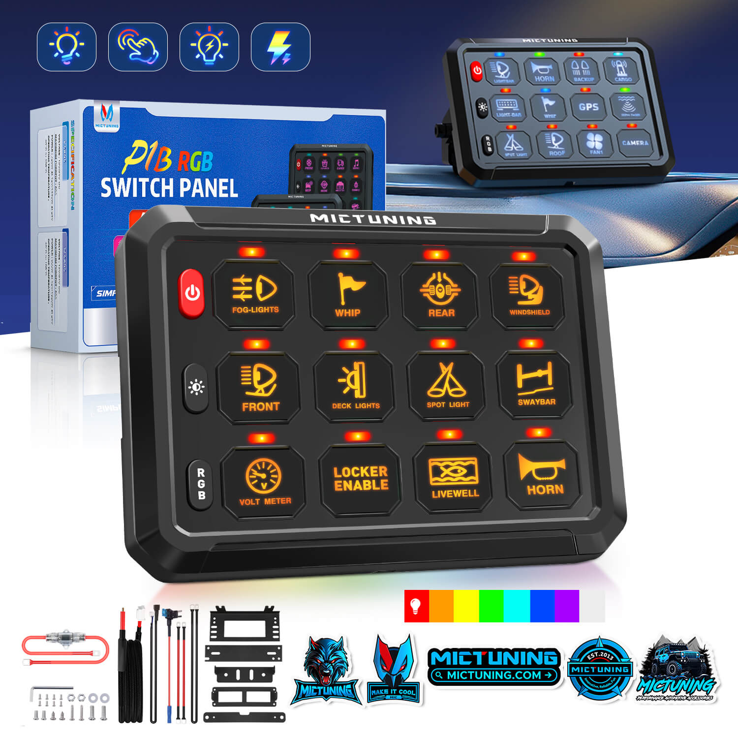 P1B RGB 5" 8/12 Gang Switch Panel, Color-Coded LED Indicator with Off Backlight