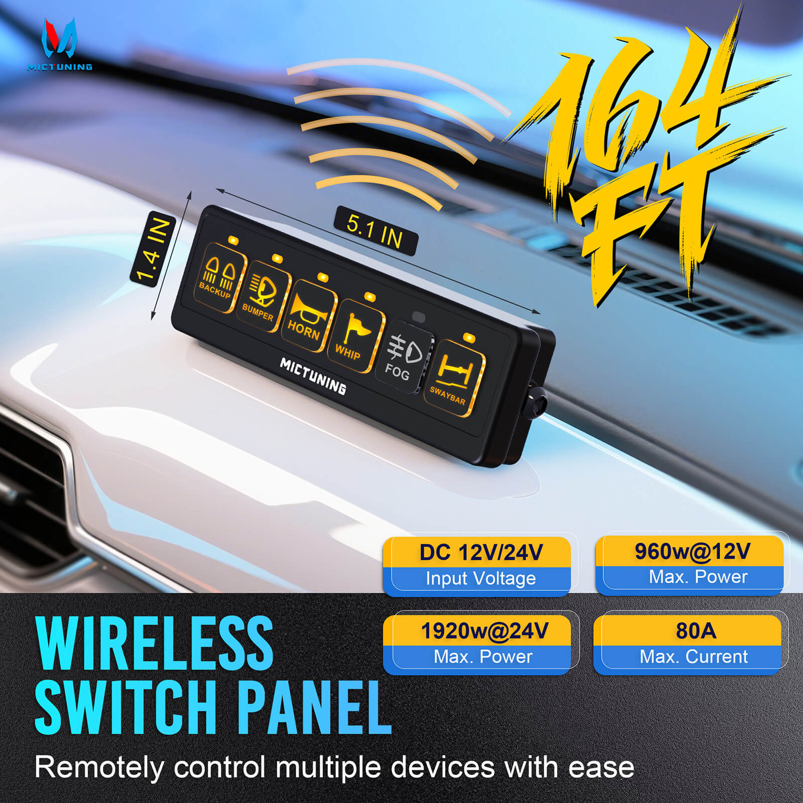 BA40/BA60 Wireless Switch Panel 4 Gang/6 Gang, Up to 164FT Range, 12V 60A Auxiliary Car Switch Panel