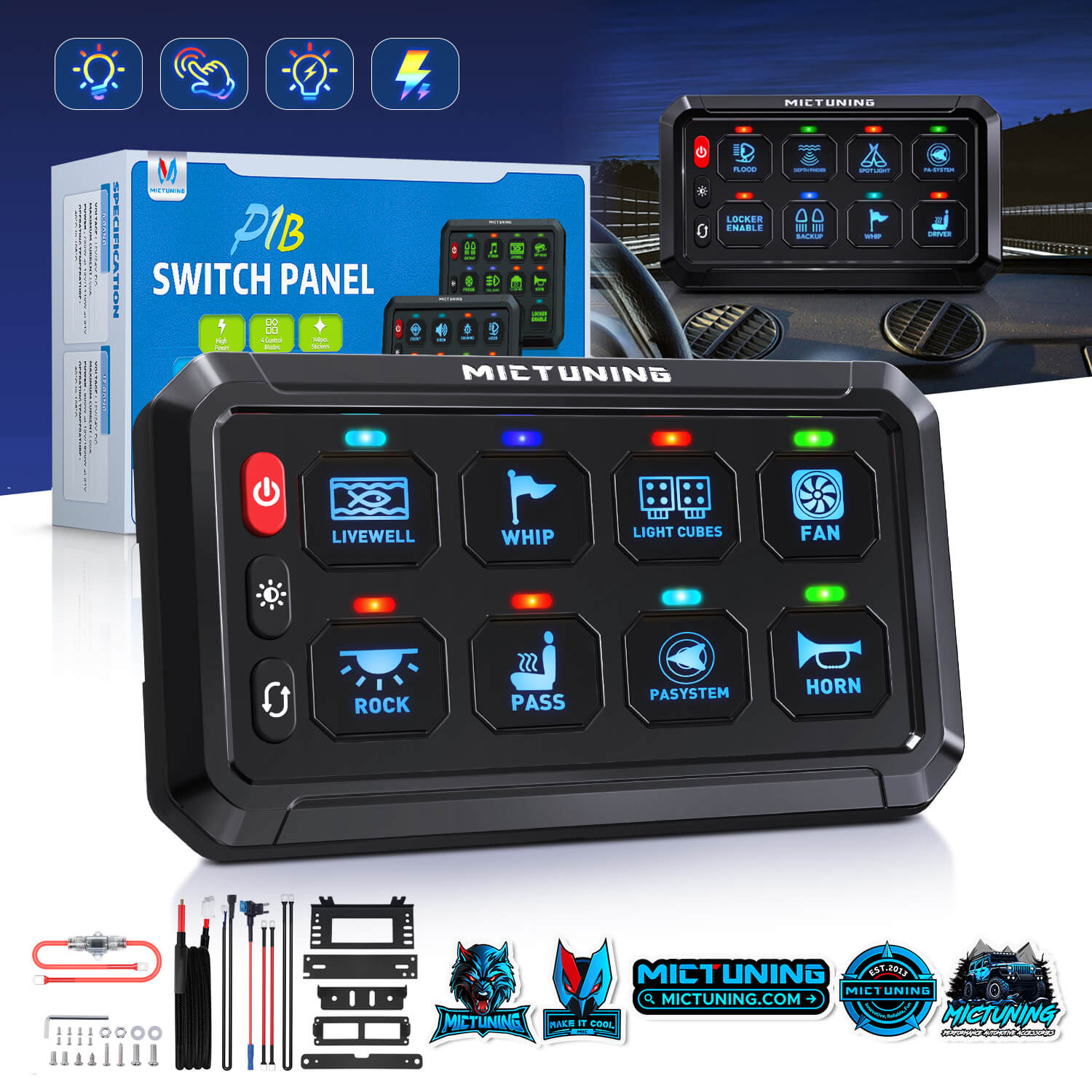 P1B Blue/Green 5" 8/12 Gang Switch Panel, Color-Coded LED Indicator with Off Backlight