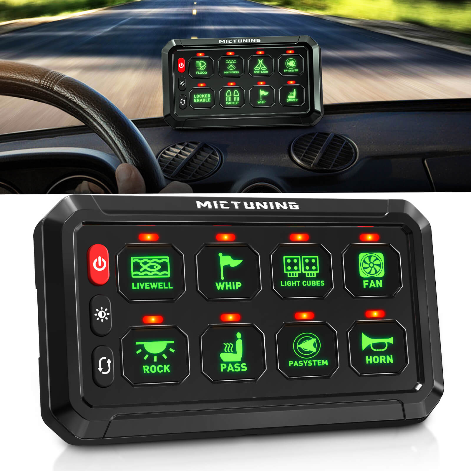 Upgraded P1s-X Blue/Green 5" 8/12 Gang Switch Panel Circuit Control Relay Box, Toggle On-Off Strobe Flash Momentary