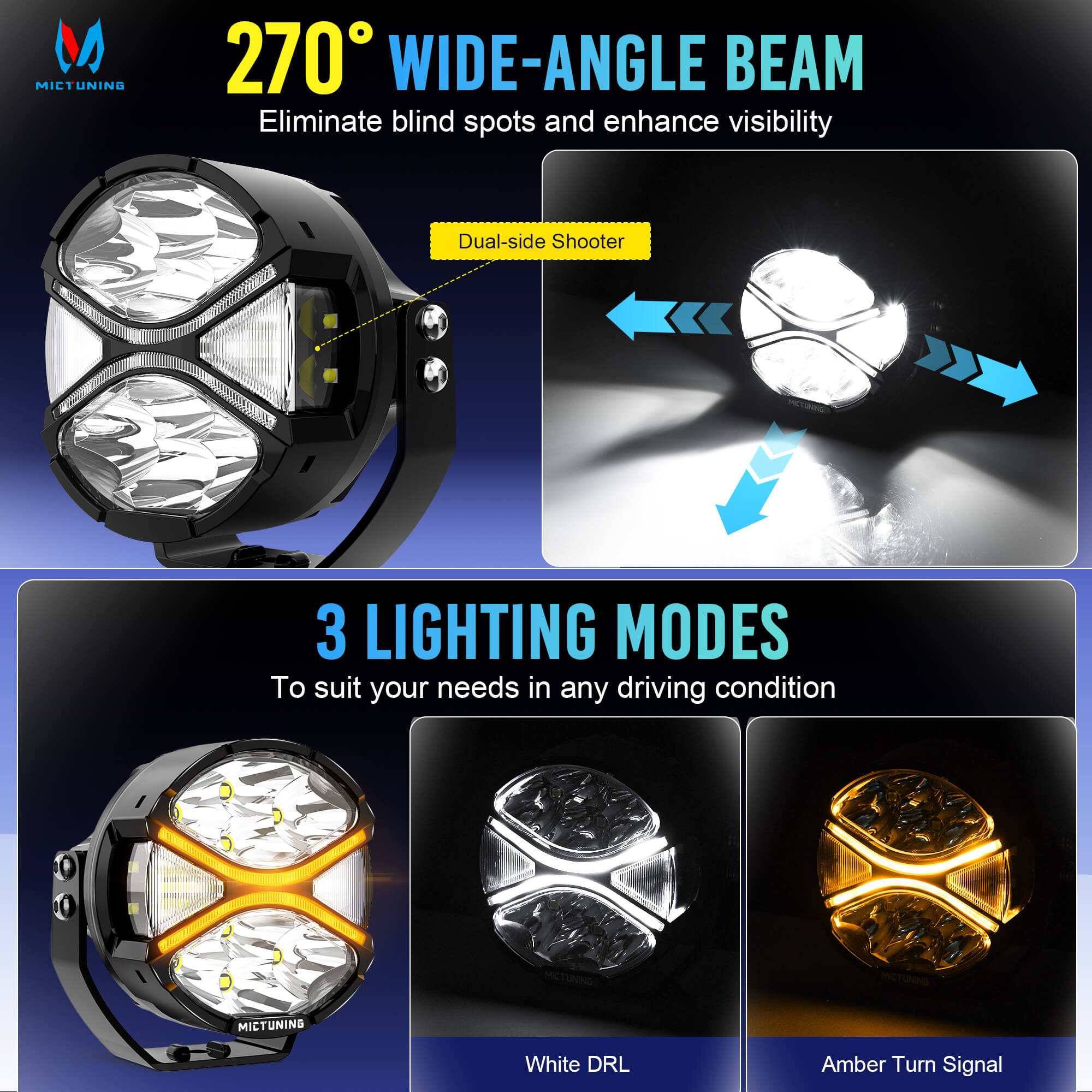 K6 4 Inch 160W LED Light Pods White/Amber - 270° Side Shooter with DRL & Turn Signal, Offroad Driving Ditch Lights w/ Covers, 2PC
