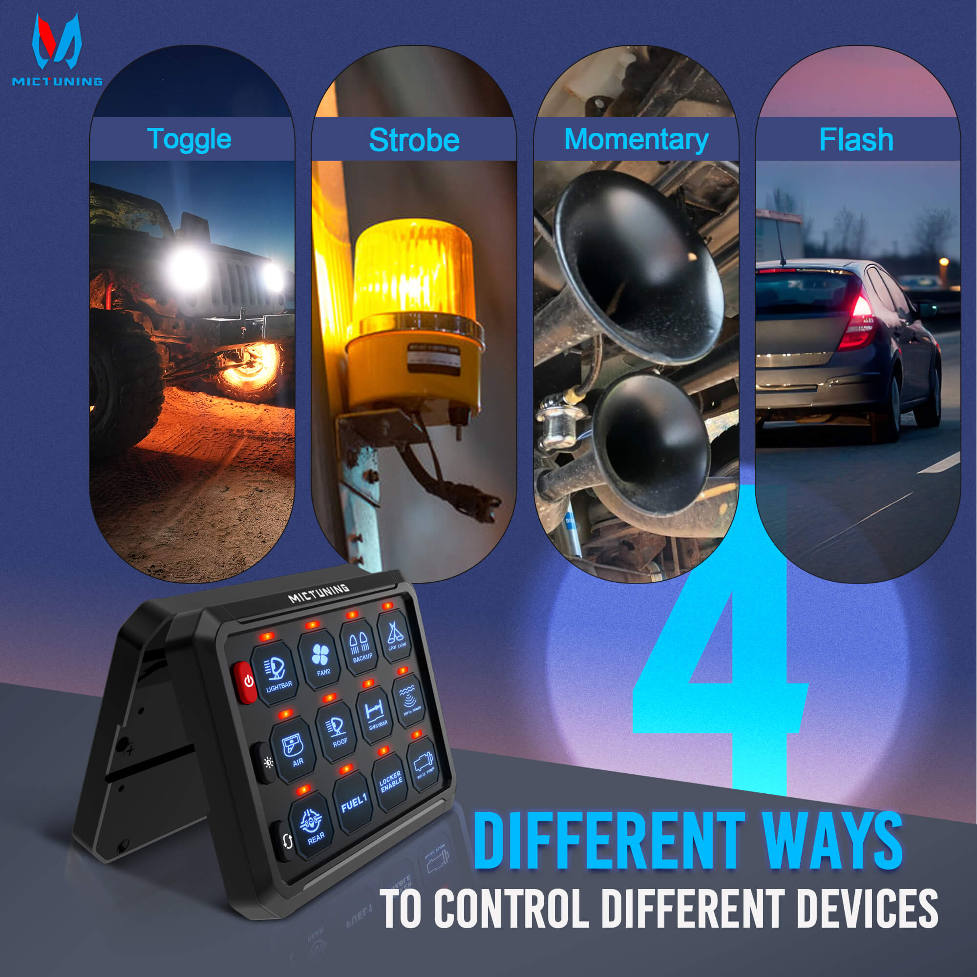 Upgraded P1s-X Blue/Green 5" 8/12 Gang Switch Panel Circuit Control Relay Box, Toggle On-Off Strobe Flash Momentary
