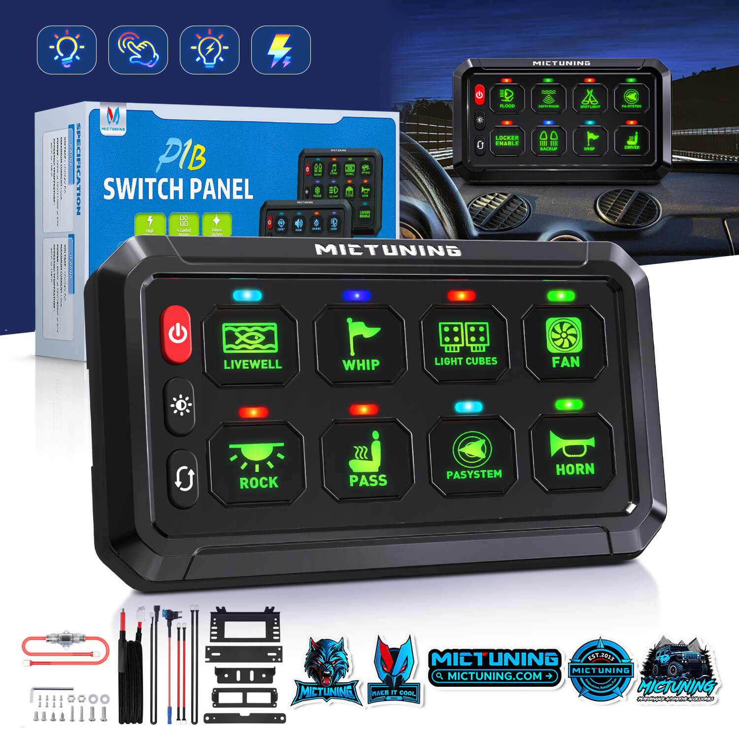 P1B Blue/Green 5" 8/12 Gang Switch Panel, Color-Coded LED Indicator with Off Backlight