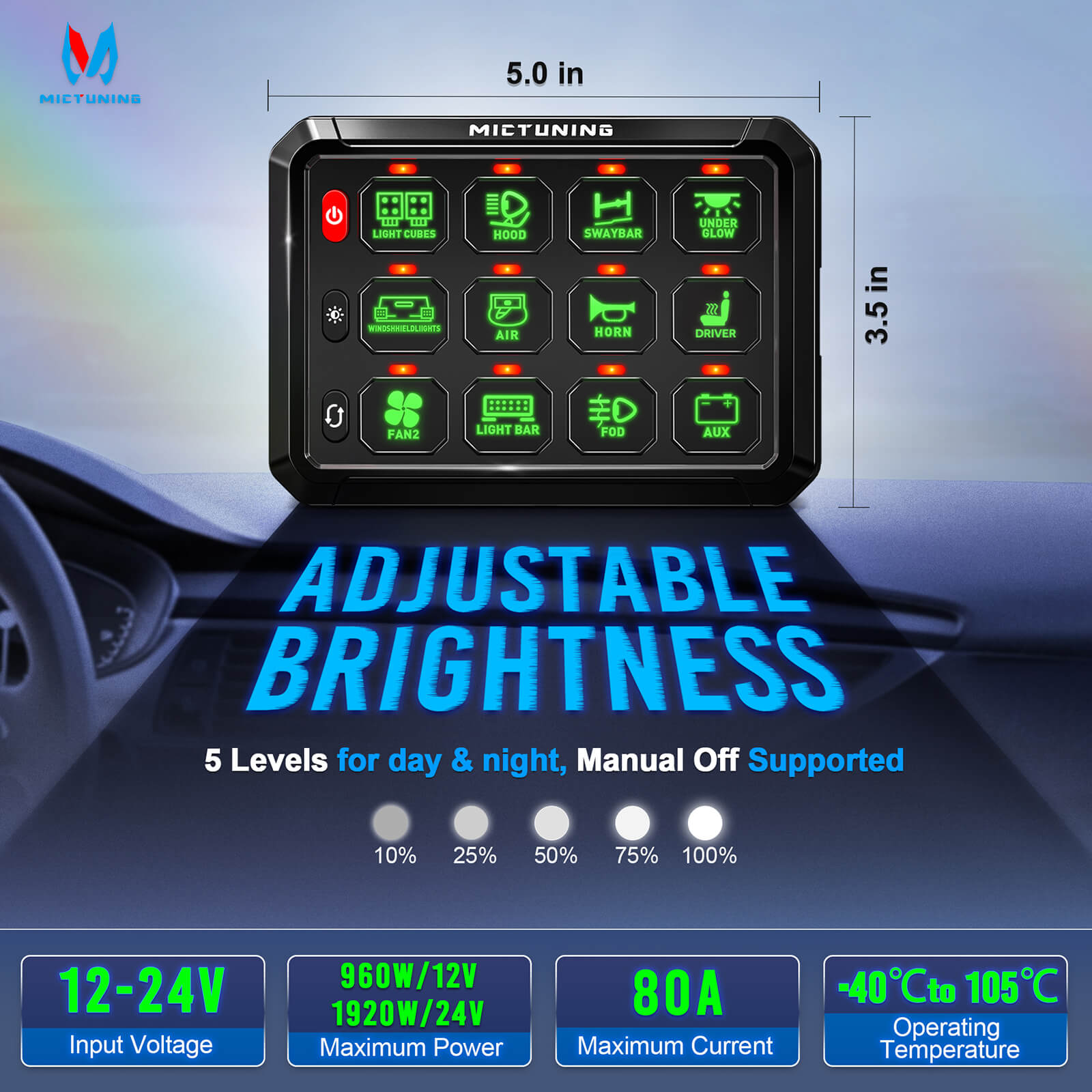 Upgraded P1s-X Blue/Green 5" 8/12 Gang Switch Panel Circuit Control Relay Box, Toggle On-Off Strobe Flash Momentary