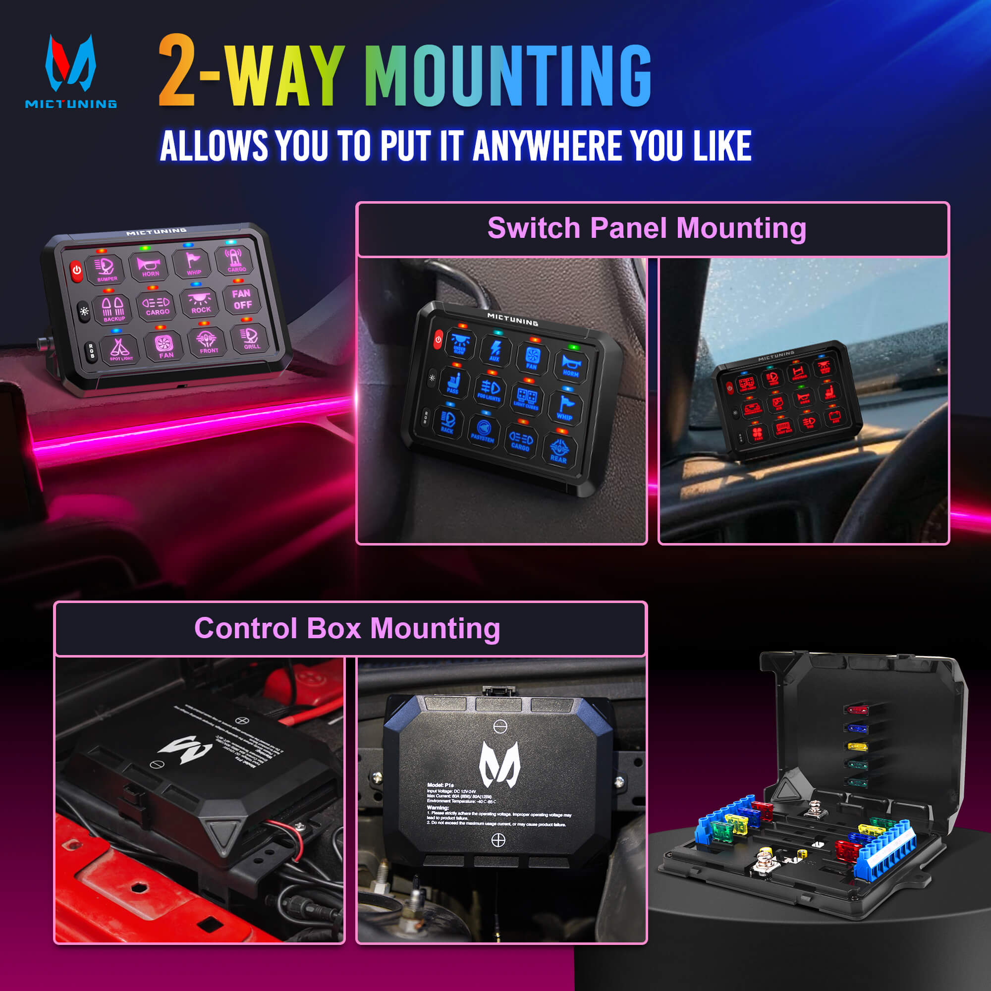 P1B RGB 5" 8/12 Gang Switch Panel, Color-Coded LED Indicator with Off Backlight