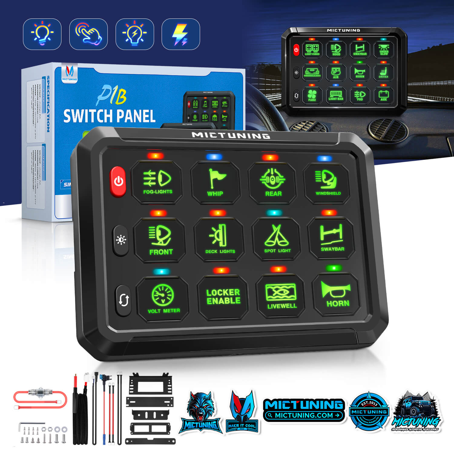 P1B Blue/Green 5" 8/12 Gang Switch Panel, Color-Coded LED Indicator with Off Backlight