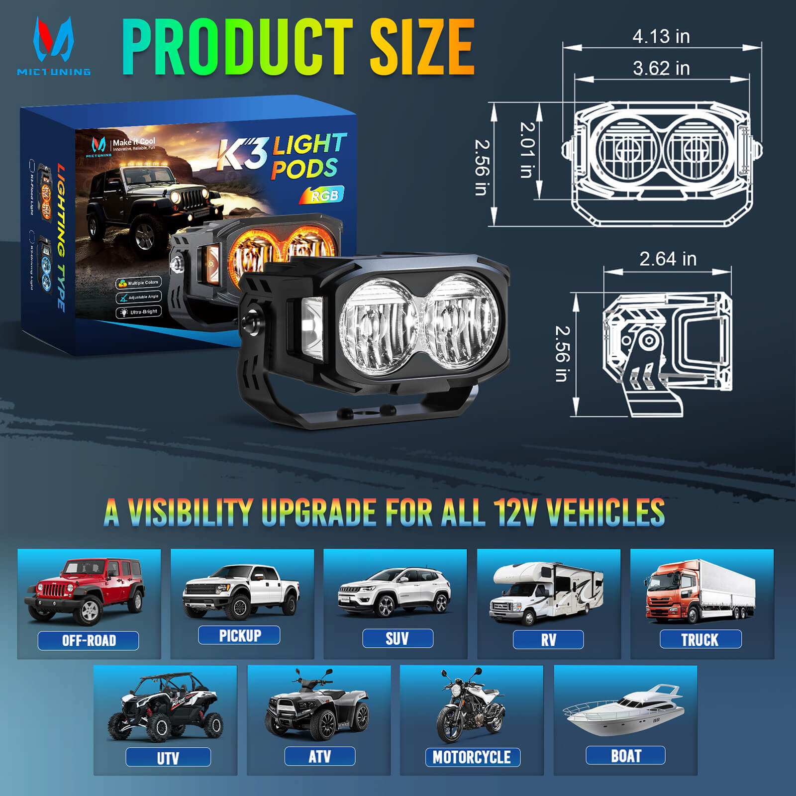 K3 4 Inch 56W LED Pod Lights RGB with White Offroad Driving Lights (7 Colors), w/ Wiring Harness Switch, Flood Beam/Spot Beam, 2PCS