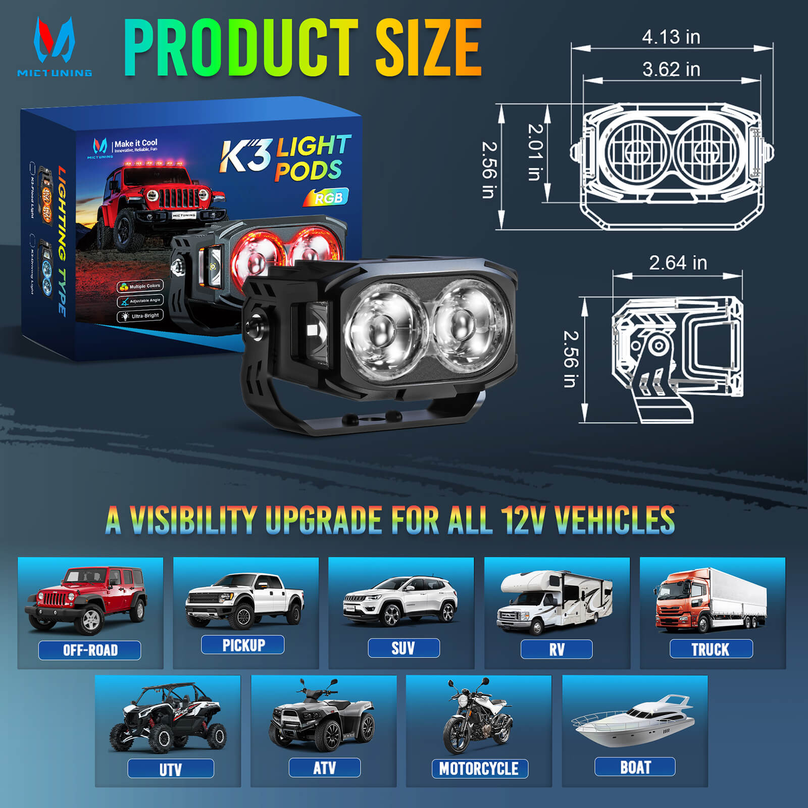K3 4 Inch 56W LED Pod Lights RGB with White Offroad Driving Lights (7 Colors), w/ Wiring Harness Switch, Flood Beam/Spot Beam, 2PCS