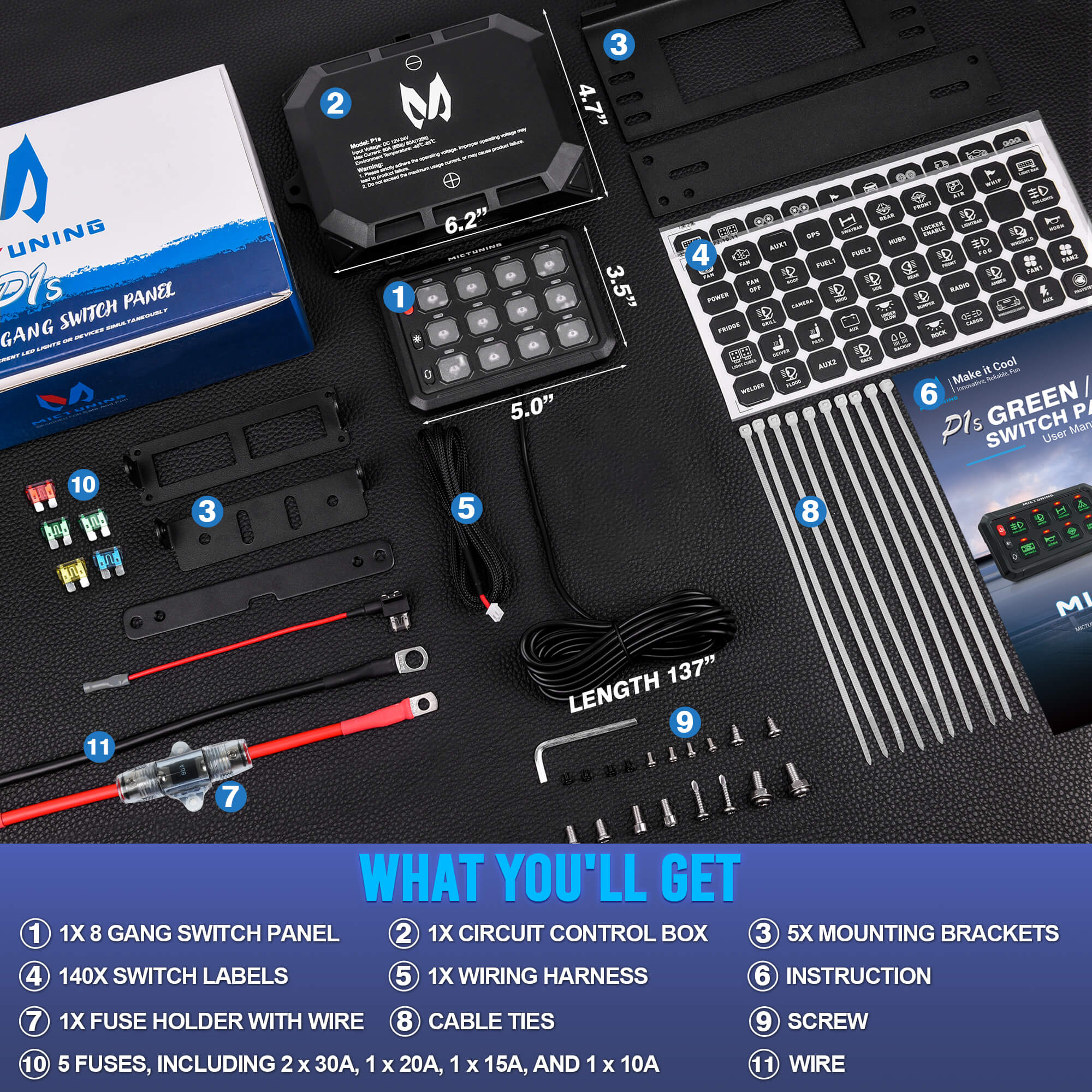 Upgraded P1s-X Blue/Green 5" 8/12 Gang Switch Panel Circuit Control Relay Box, Toggle On-Off Strobe Flash Momentary