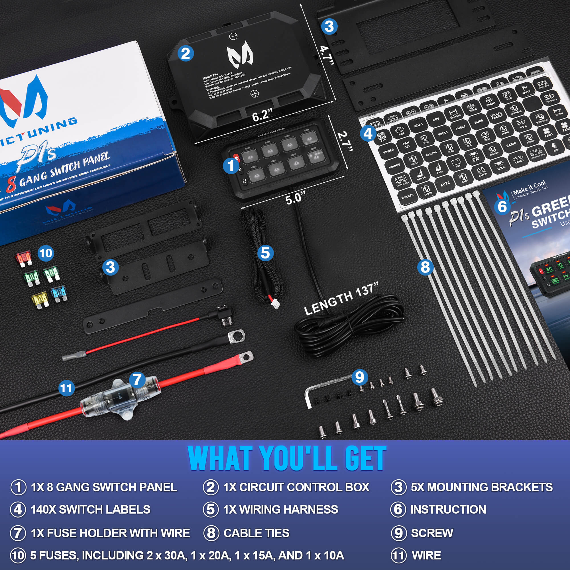 Upgraded P1s-X Blue/Green 5" 8/12 Gang Switch Panel Circuit Control Relay Box, Toggle On-Off Strobe Flash Momentary