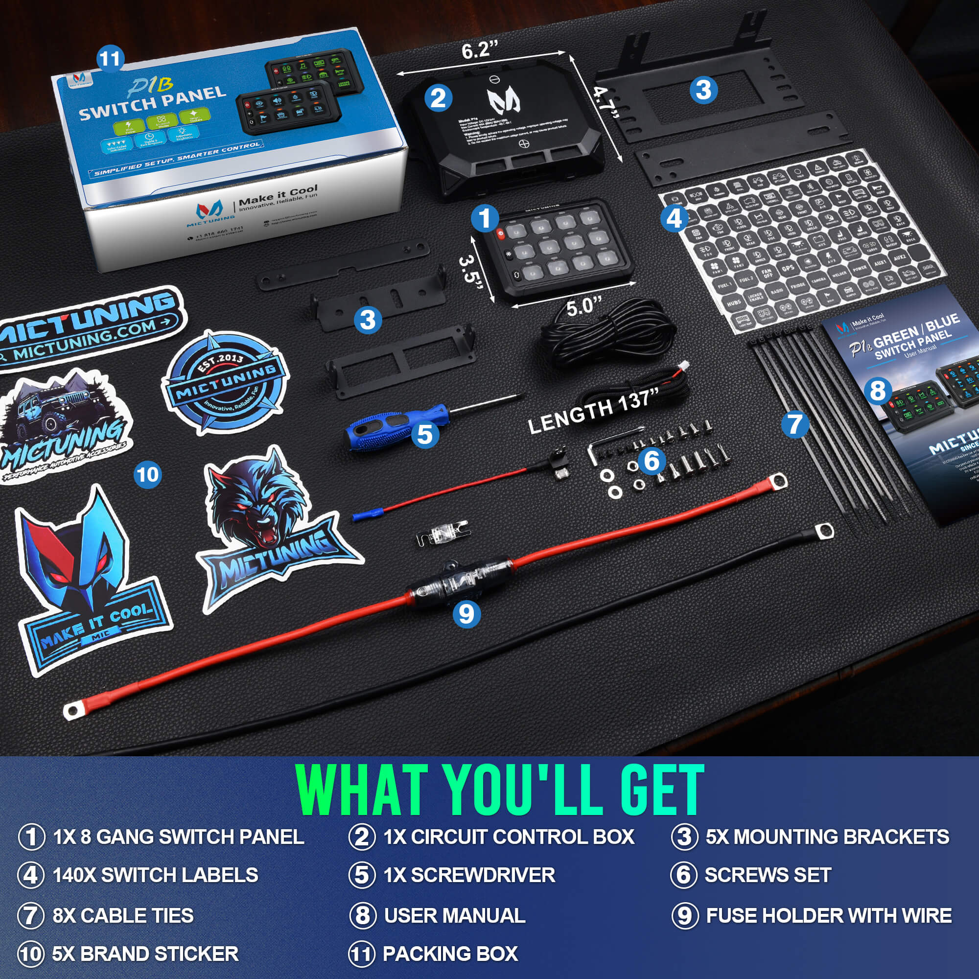 P1B Blue/Green 5" 8/12 Gang Switch Panel, Color-Coded LED Indicator with Off Backlight