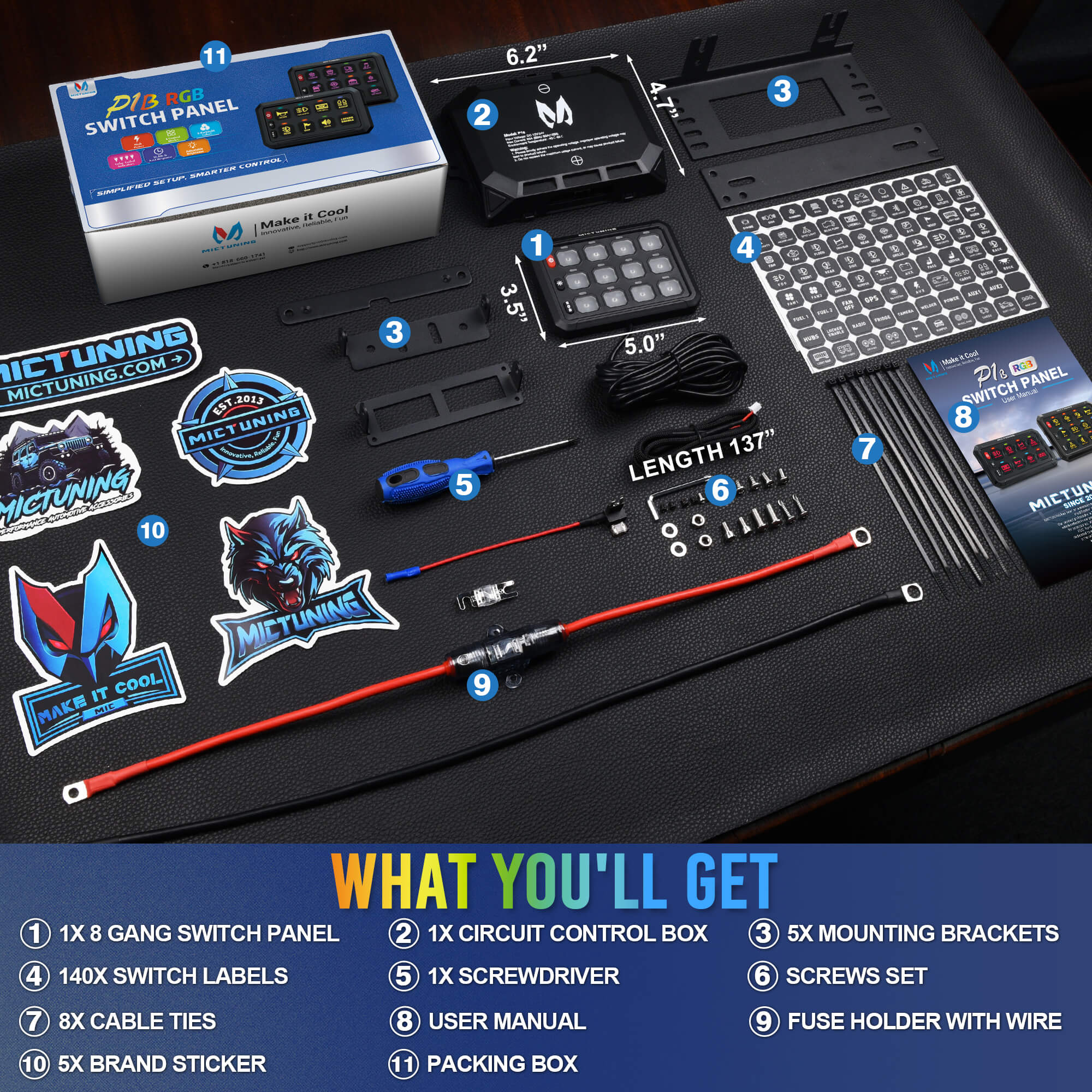 P1B RGB 5" 8/12 Gang Switch Panel, Color-Coded LED Indicator with Off Backlight