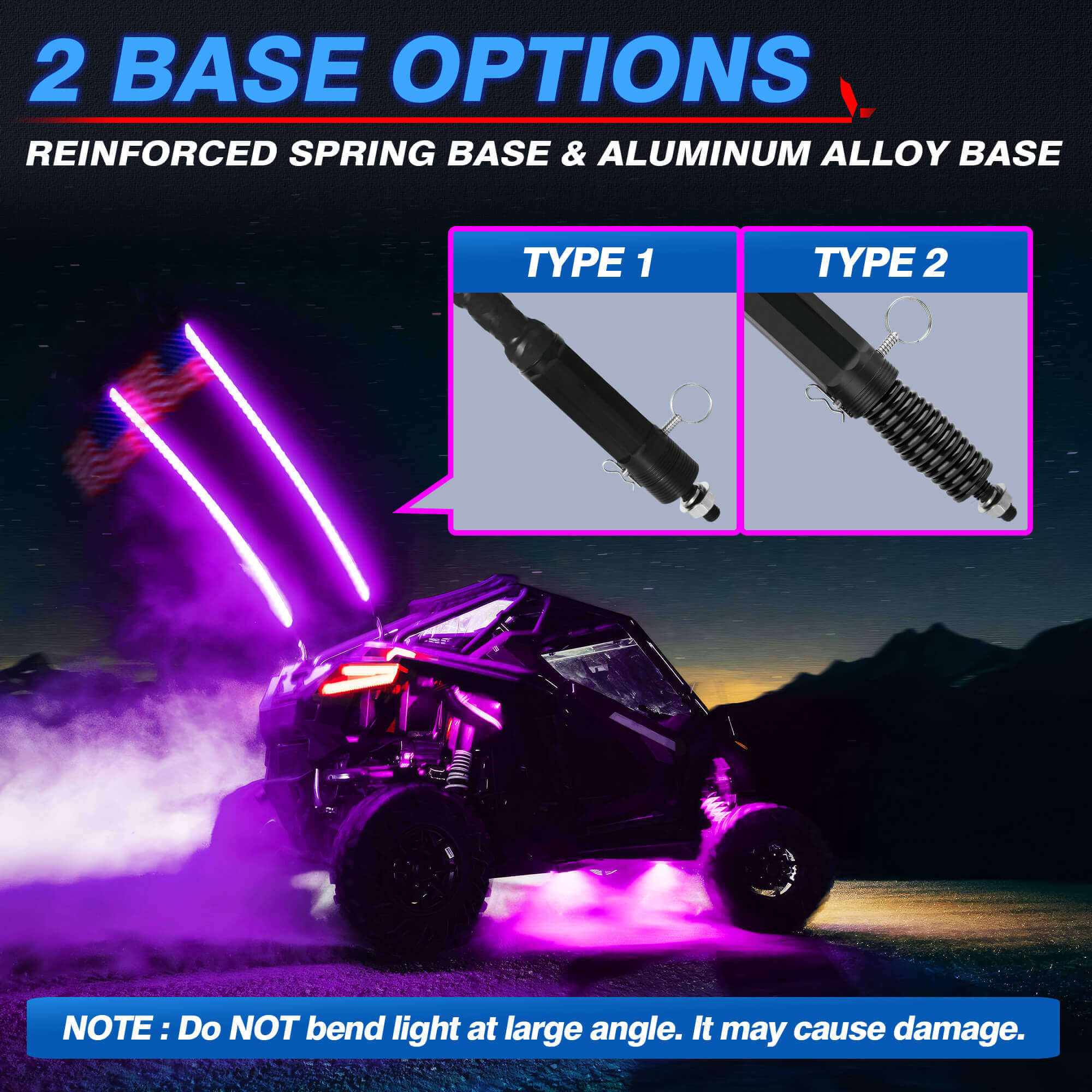 3FT/4FT W1 LED Whip Lights with Flag 2pcs/10pcs - Spiral Bendable RGB Chasing Color Antenna Whips - Bluetooth App Control