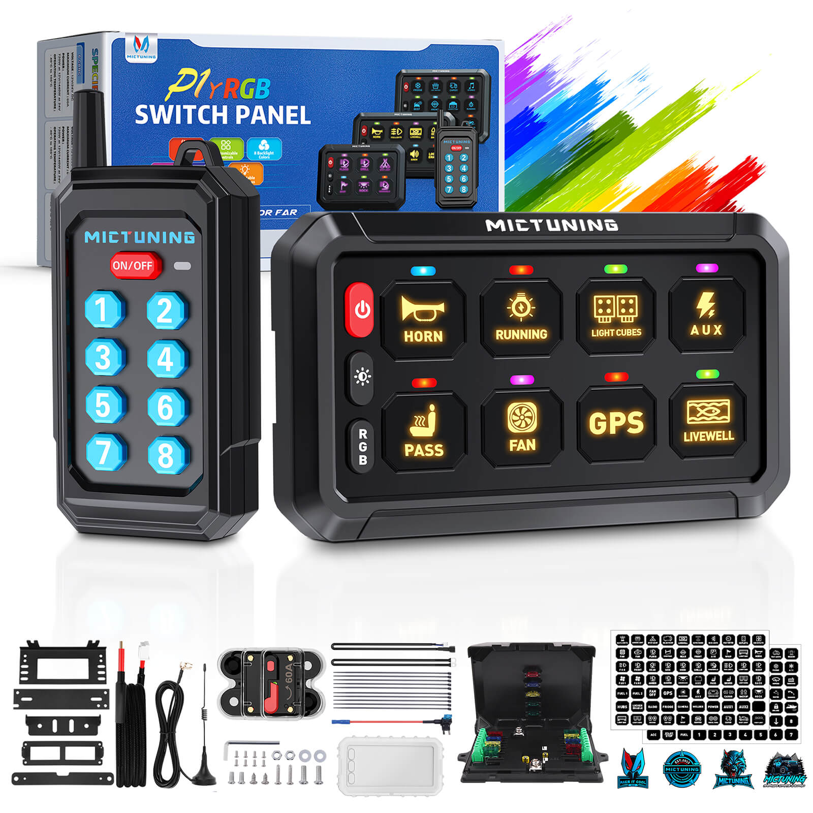 P1s RGB Switch Panel with Remote Control Range Up to 230FT, 6/8/12 Gang, Multifunction Toggle Momentary Strobe Pulsed Switch Pod w/ Silicone Cover