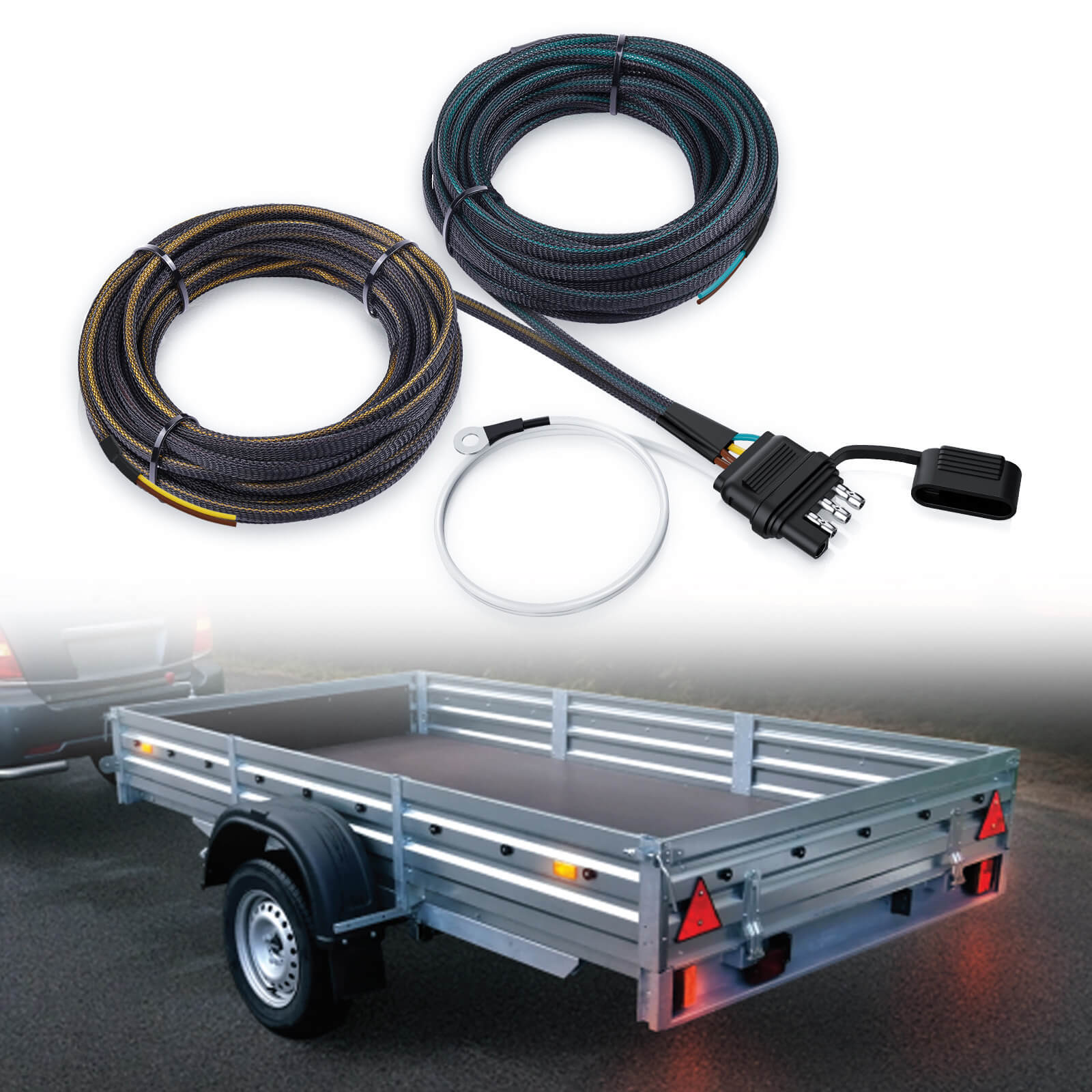 4 Pin 5 Wire Trailer Light Wiring Harness 22FT/50FT - Wishbone 4-Way Flat 5 Wire Plug for Rewiring Both-Side Taillights, Trailer End Connector
