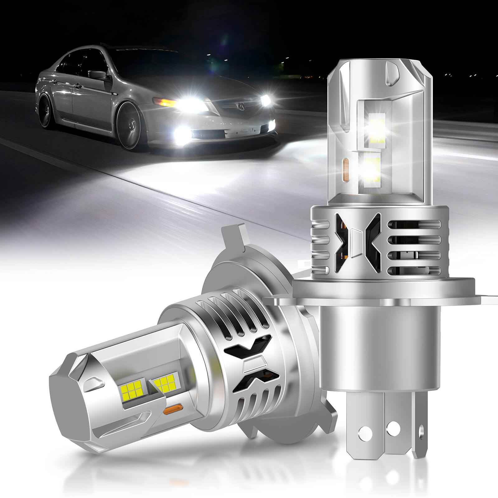 H4/H19 LED Headlight Light Bulbs, Super Bright 8000LM 6000K White with Cooling Fan, 1:1 Mini Size Plug and Play Car Fog Light, Pack of 2