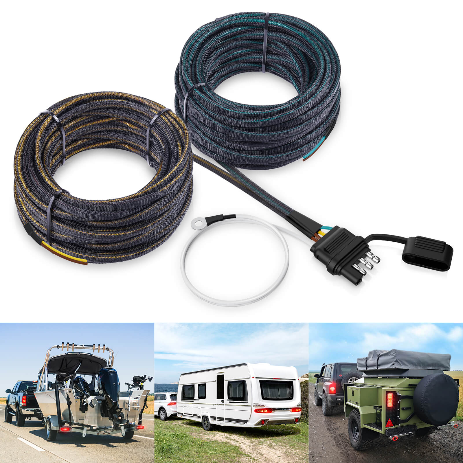 4 Pin 5 Wire Trailer Light Wiring Harness 22FT/50FT - Wishbone 4-Way Flat 5 Wire Plug for Rewiring Both-Side Taillights, Trailer End Connector