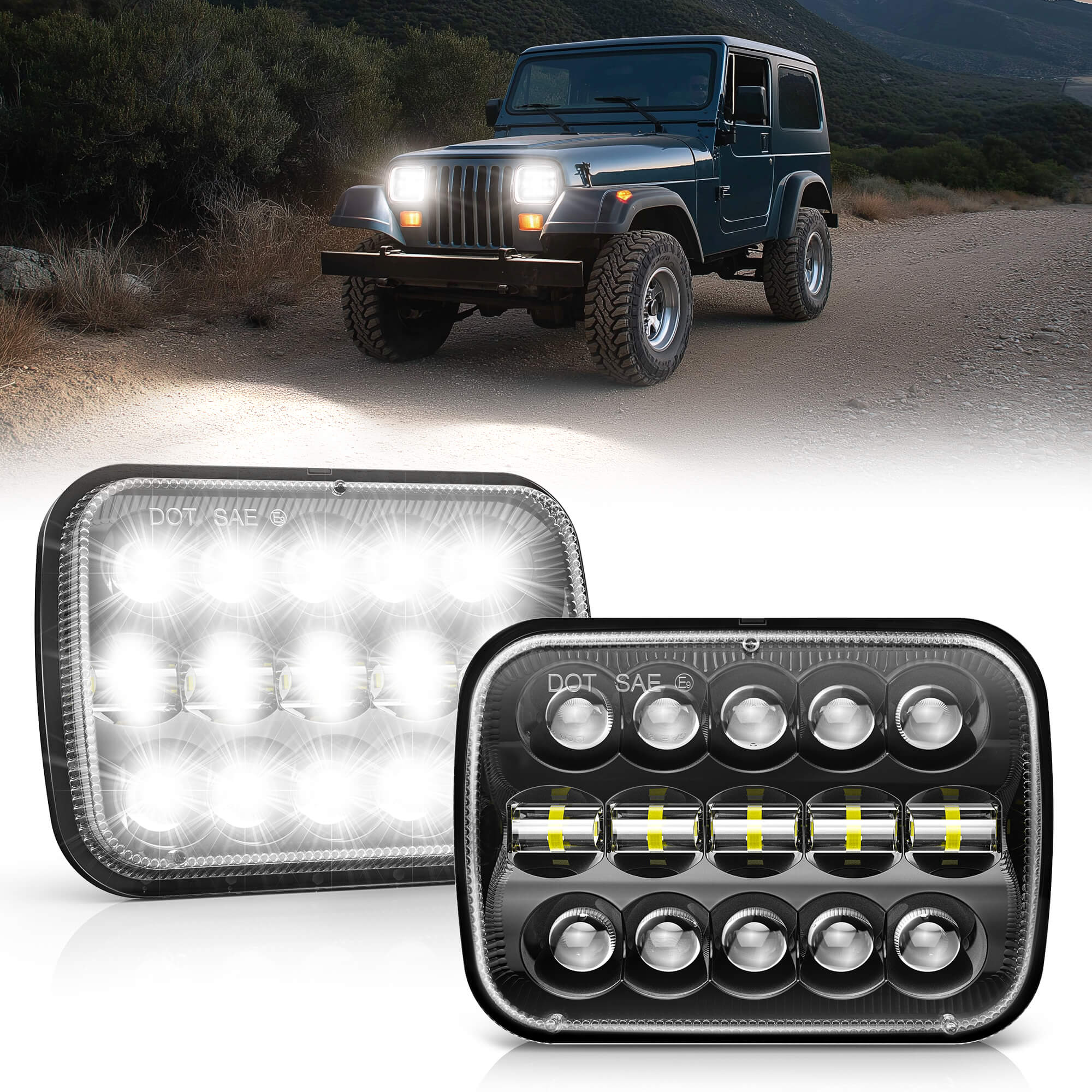 5x7 LED Headlights 7x6 Rectangle Headlamps H6054 110W Hi/Low Sealed Beam For Wrangler YJ Cherokee XJ Comanche MJ Chevy S10 T300 FL50 FL60 FL70 Peterbilt, Black