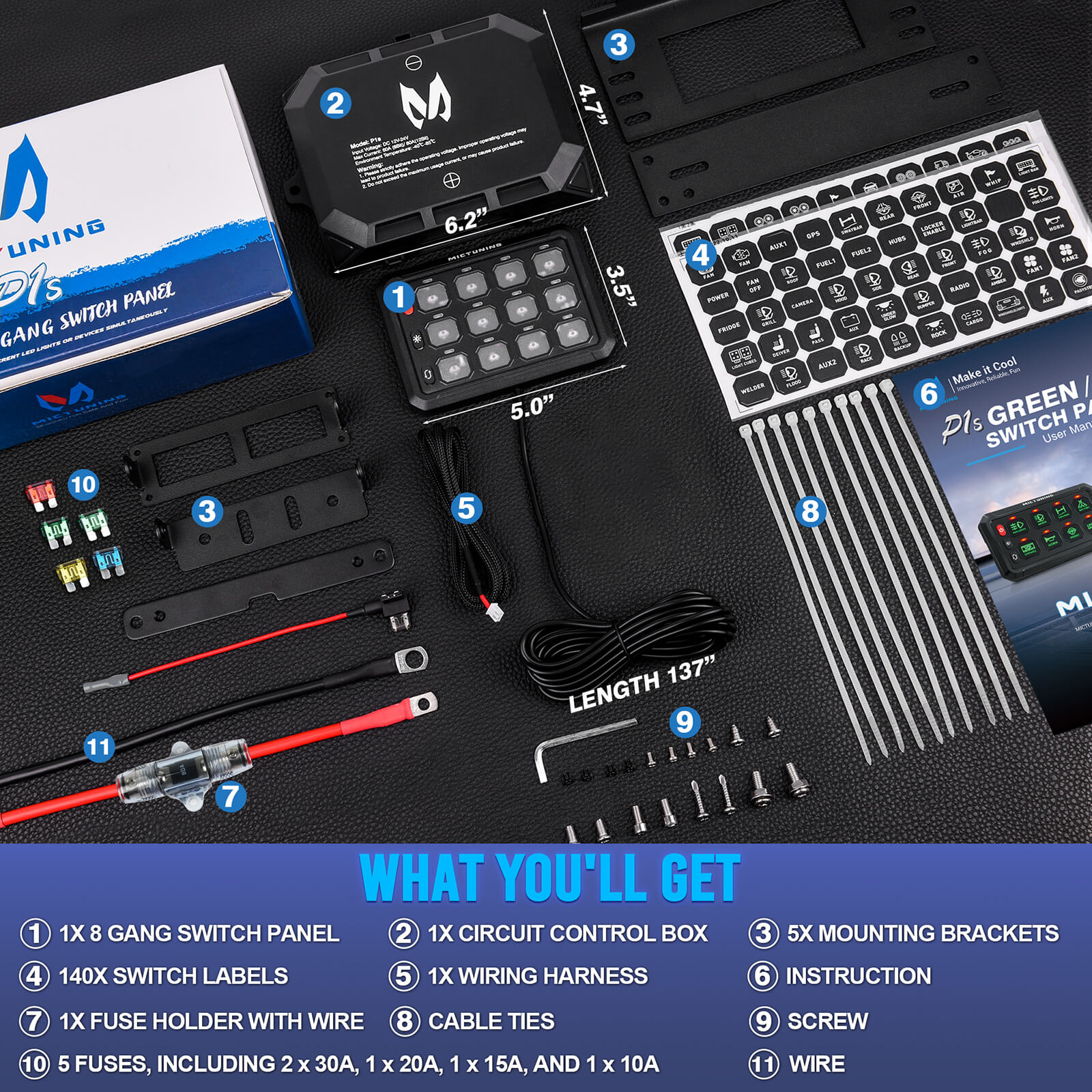Upgraded P1s-X Blue/Green 5" 8/12 Gang Switch Panel Circuit Control Relay Box, Toggle On-Off Strobe Flash Momentary