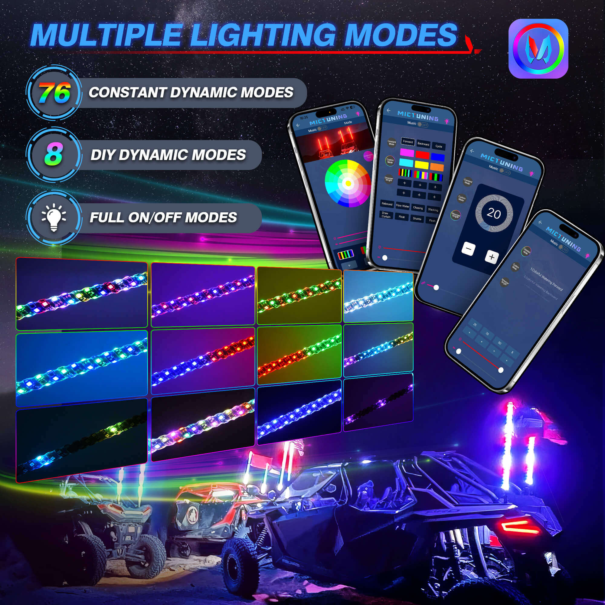 3FT/4FT W1 LED Whip Lights with Flag 2pcs/10pcs - Spiral Bendable RGB Chasing Color Antenna Whips - Bluetooth App Control