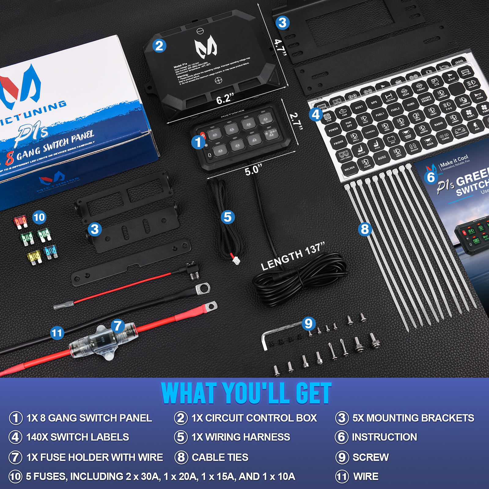 Upgraded P1s-X Blue/Green 5" 8/12 Gang Switch Panel Circuit Control Relay Box, Toggle On-Off Strobe Flash Momentary