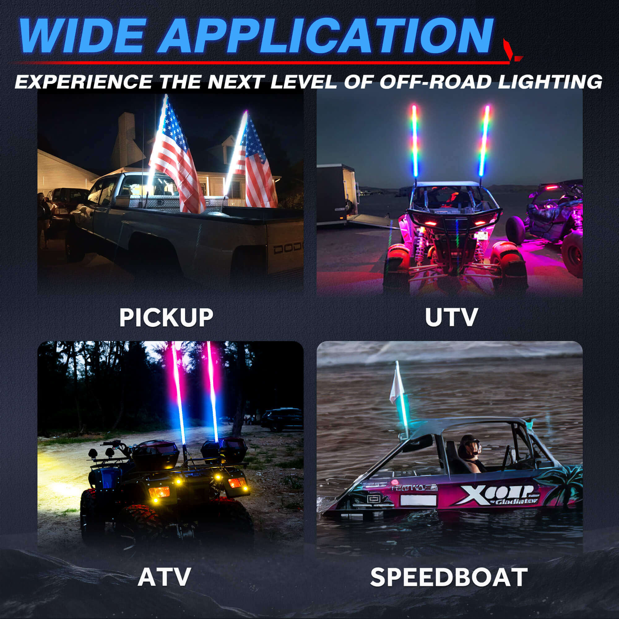 3FT/4FT W1 LED Whip Lights with Flag 2pcs/10pcs - Spiral Bendable RGB Chasing Color Antenna Whips - Bluetooth App Control