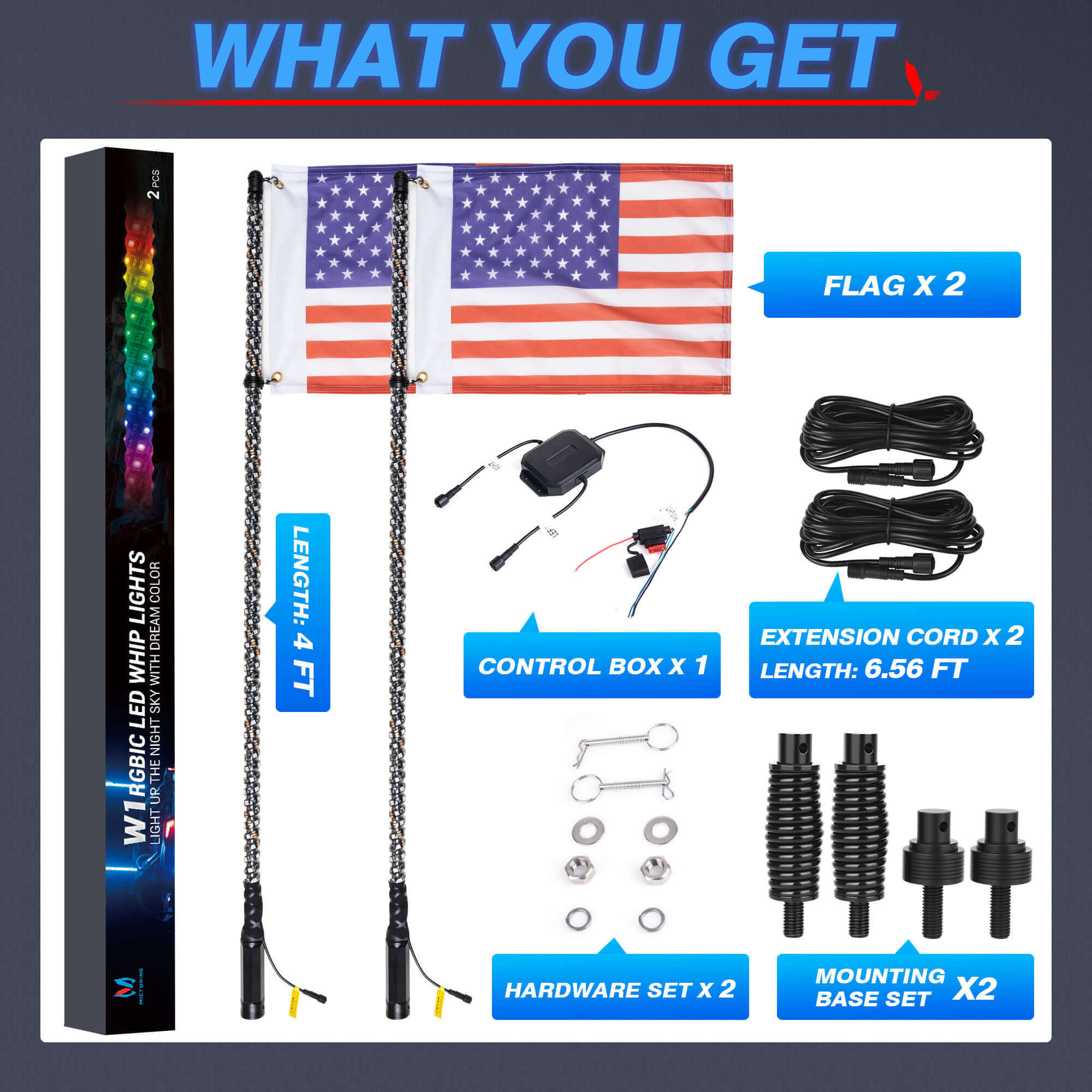 3FT/4FT W1 LED Whip Lights with Flag 2pcs/10pcs - Spiral Bendable RGB Chasing Color Antenna Whips - Bluetooth App Control