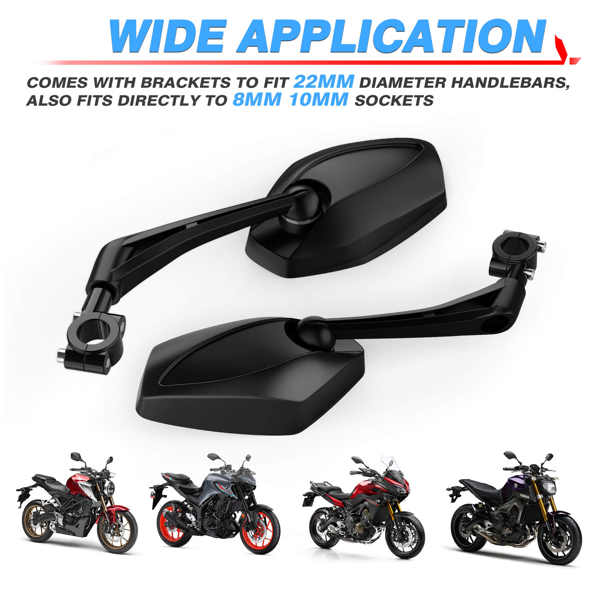 Motorcycle Rearview Mirrors Convex Blue Lens, Impact-Resistant ABS, 180° Rotation Adjustable- Fits M8 M10 Socket or 22mm Diameter Handlebar