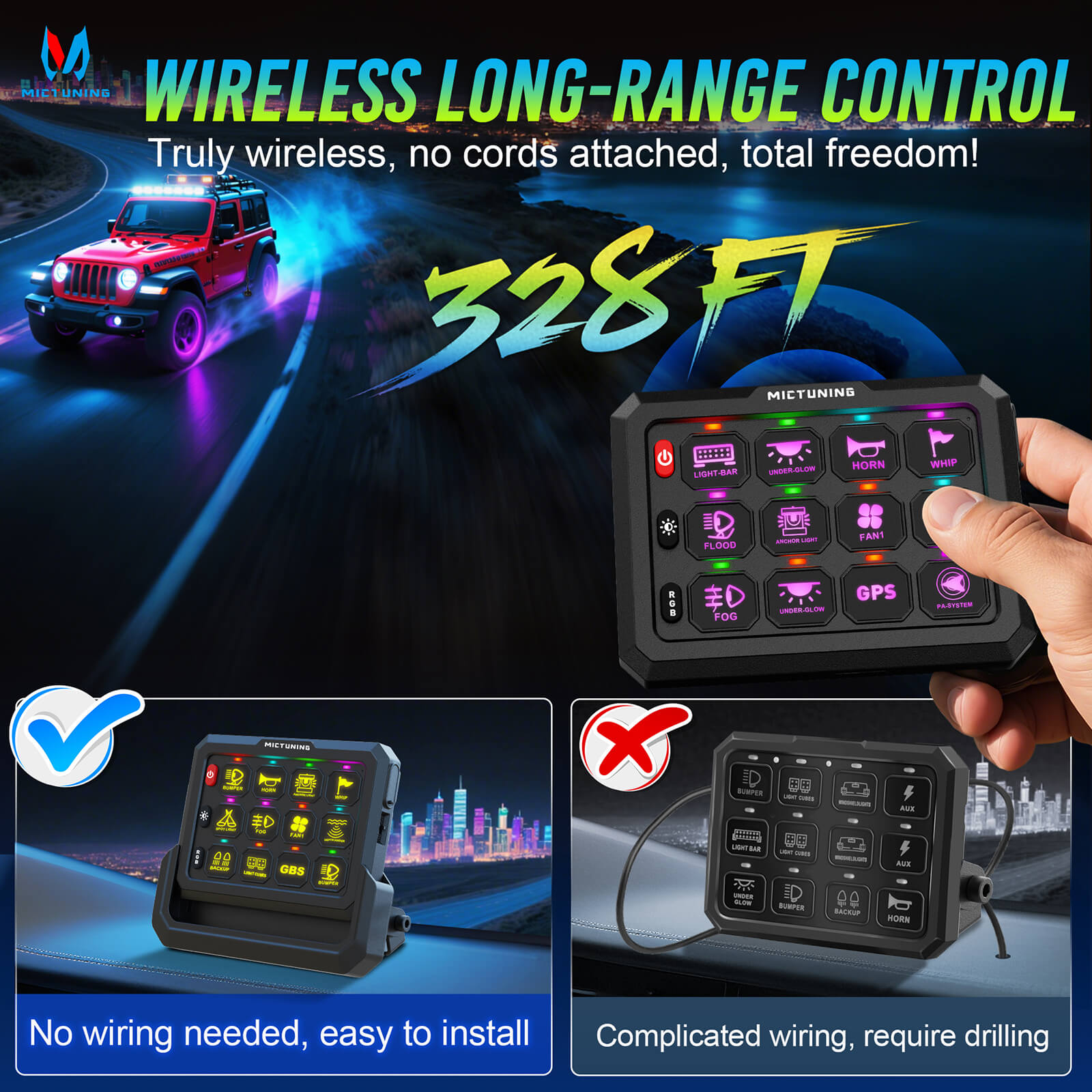15.5″/17″ V1 RGB+IC Chasing Color Wheel Ring Lights Kit Bundle with P1s-W Wireless RGB Switch Panel 8/12 Gang, Up to 328FT Range